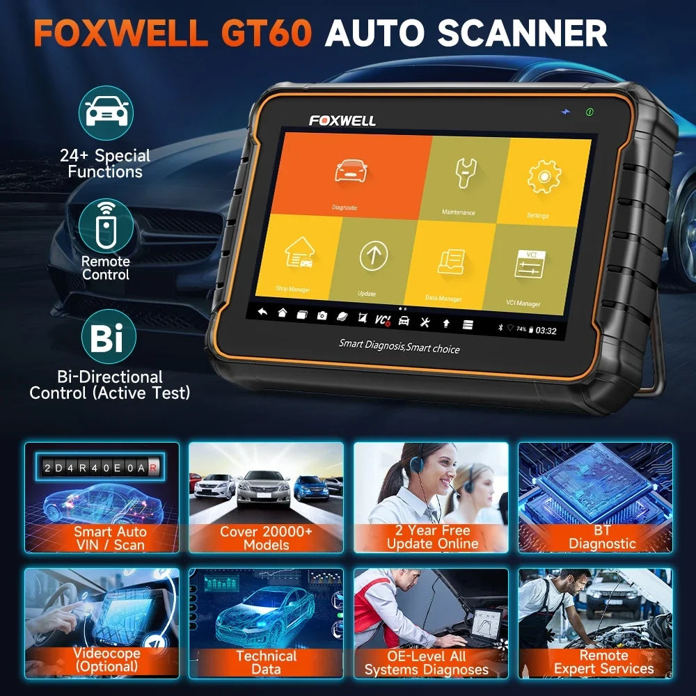 Foxwell GT60 Wireless Bluetooth Automotive Bi-directional Diagnostic Scanner 24+ Maintenance Services Full System OBD2 Scanner Code Reader for 12V Cars; EOBD OBD Scan Tool Vehicle Analyzer with Bag