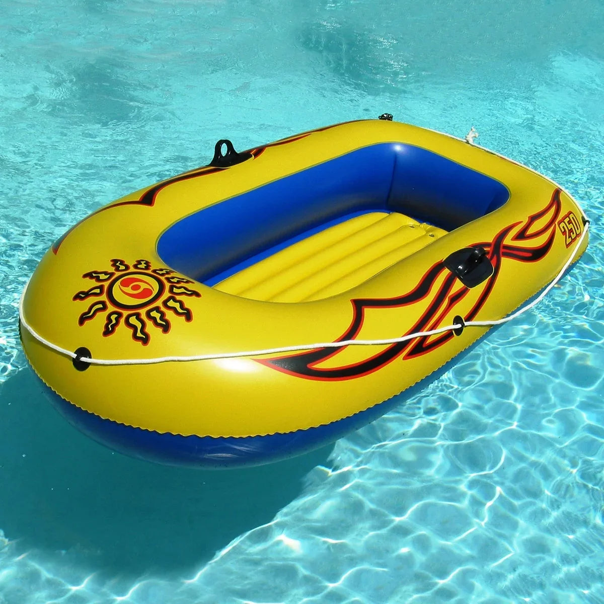 SOLSTICE Inflatable Boat Rafts 3 Person for Adults & Kids Comes W/ Pole Oar Holders Cushioned Comfortable Base Grab Line 8 Ft Size Sunskiff Kits Dinghy Air Floor Yellow