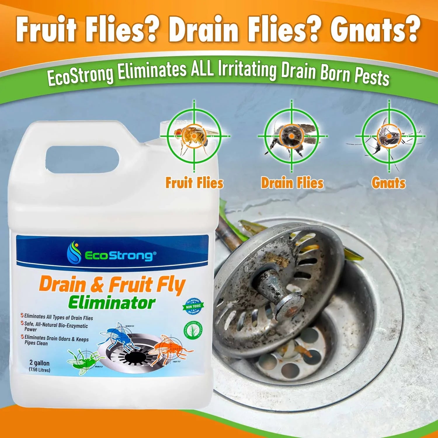 Fruit Fly Drain Treatment; Drain Fly Eliminator; Eliminates Gnats; Sewer Flies With EcoStrong - 2 Gallon