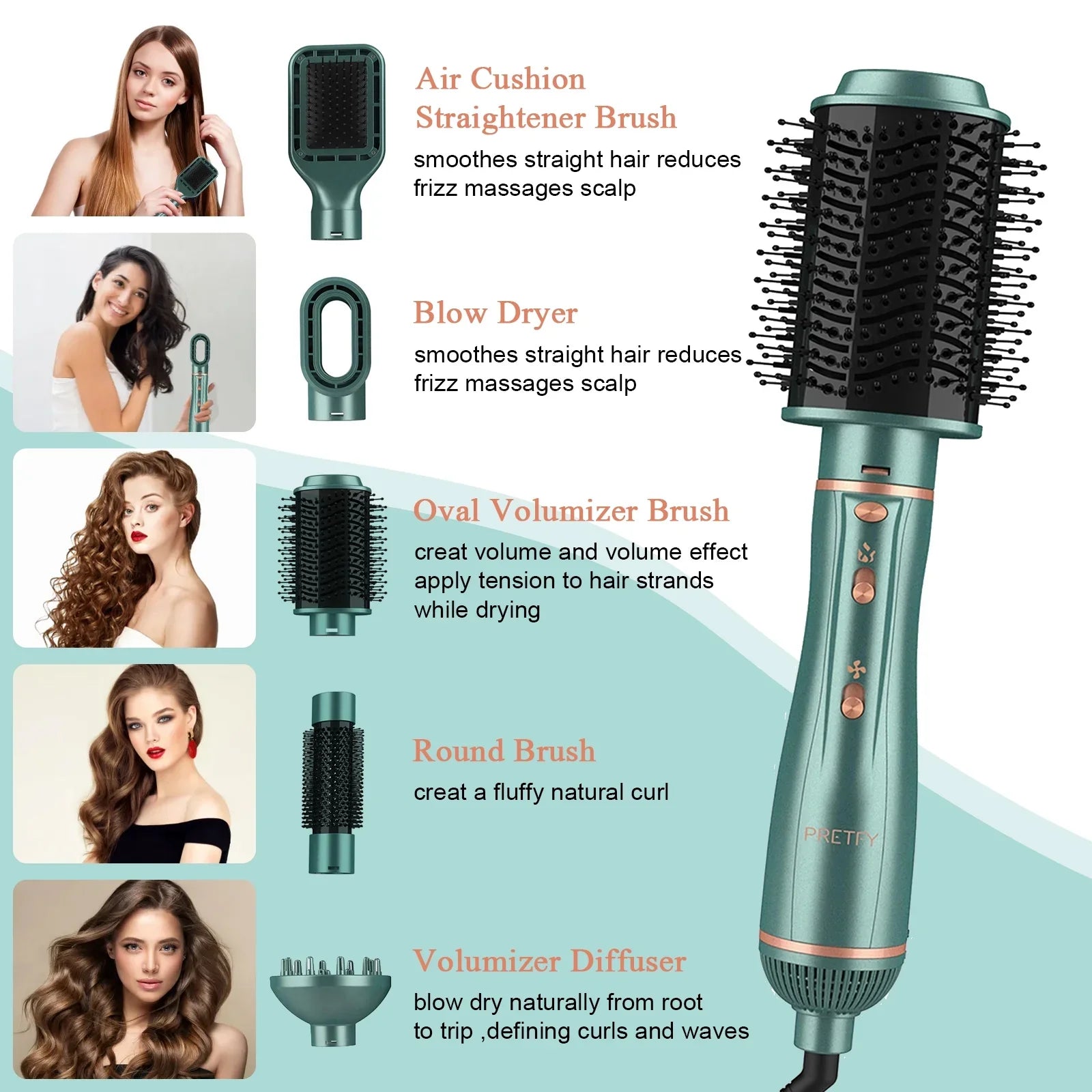 Pretfy Hair Dryer Brush; 5 in 1 Blow Dryer & Volumizer; Negative Ion Detachable Hot Air Brush Set Hair Styler for Straightening/ Drying/ Curling/ Styling