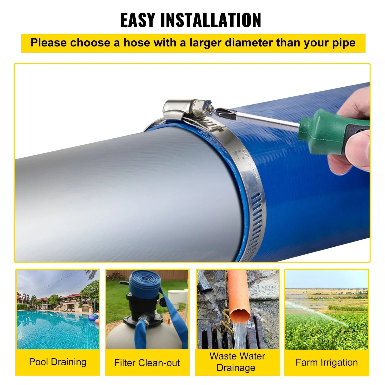 VEVOR Discharge Hose; 1-12" x 105'; Fabric Lay Flat Hose; Heavy Duty Backwash Drain Hose with Clamps; Weather-proof & Burst-proof; Ideal for Swimming Pool & Transfer; Blue