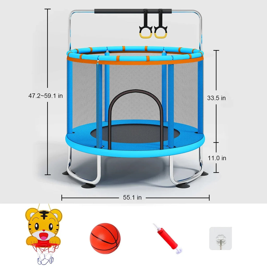 Fisca 55''Mini Trampoline for Kids; Toddler Trampoline with Basketball Hoop; Enclosure Net and Rings; Indoor Trampoline; 555lbs Load