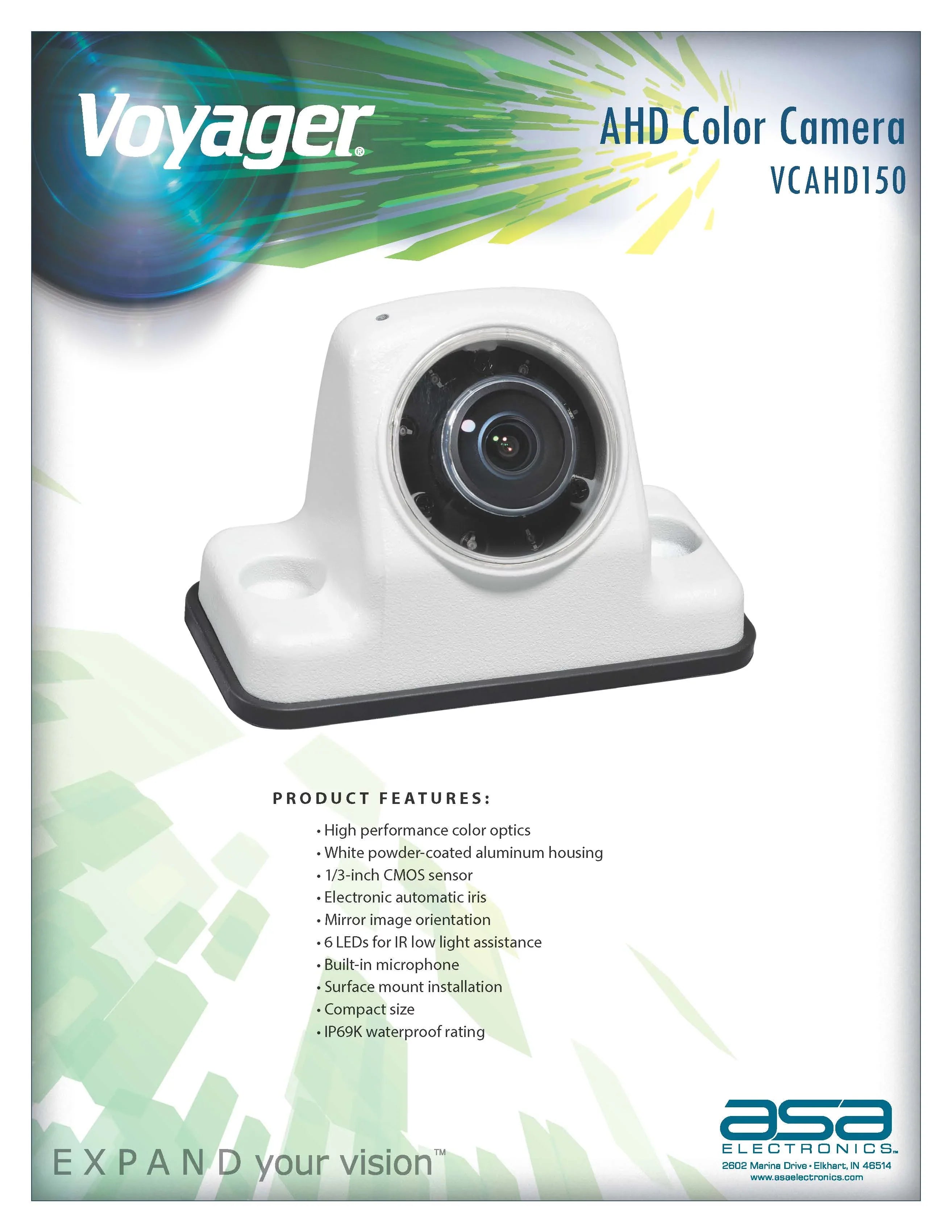 Voyager VCAHD150 Vehicle Surface Mount Heavy Duty AHD Rear Color Camera w/ Night Vision; 160-Degree Viewing Angle; IR LED Low Light Assist; White Impact Resistant Aluminum Housing; IP69K Fluidproof