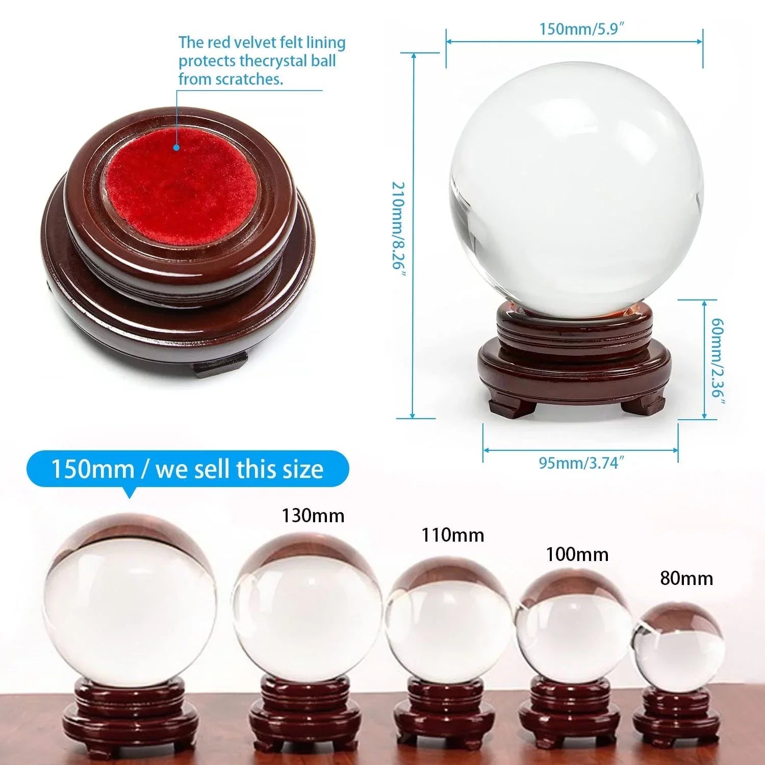 bimiti 5.9" Clear Crystal Glass Ball; 150mm Large Glass Marbles Sphere Magic Witch Ball with Wood Stand for Gift