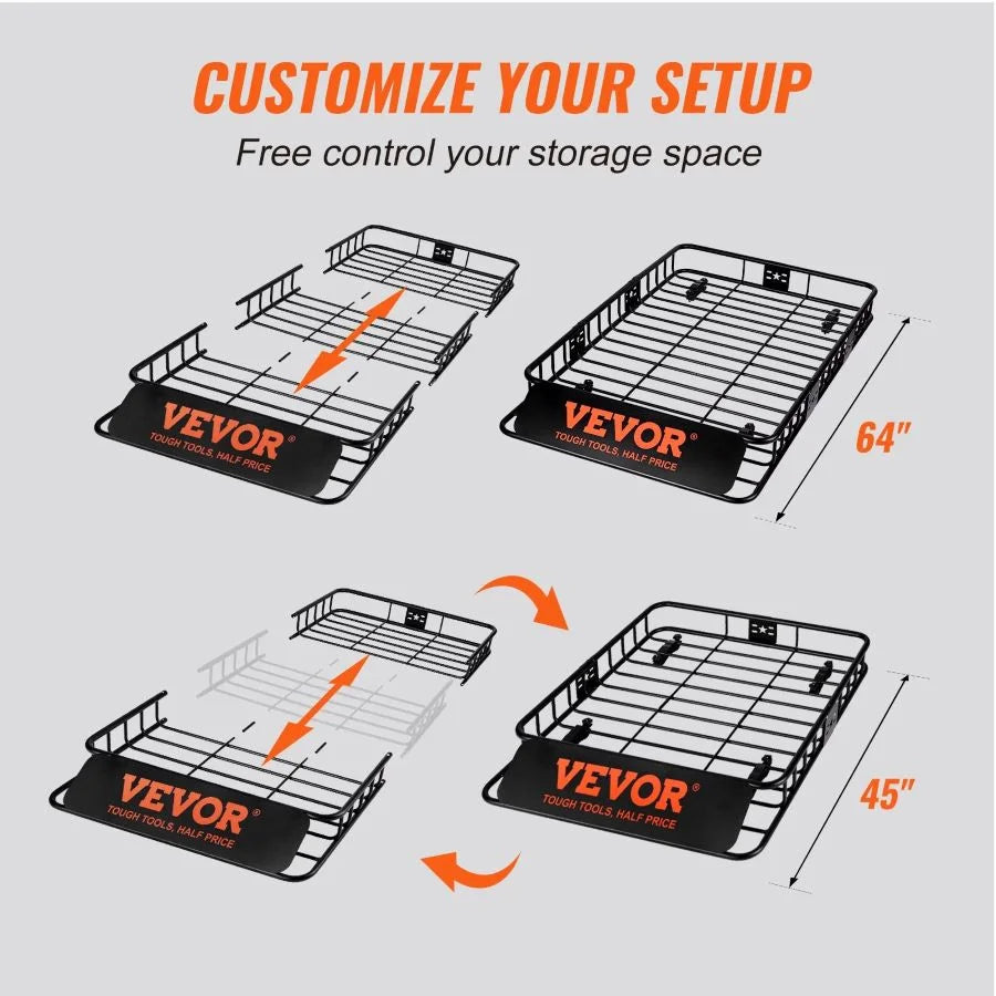 VEVOR Roof Rack Cargo Basket; 64" x 39" x 6" Rooftop Cargo Carrier with Extension; Heavy-duty 200 LBS Capacity Universal Roof Rack Basket; Luggage Holder for SUV; Truck; Vehicle