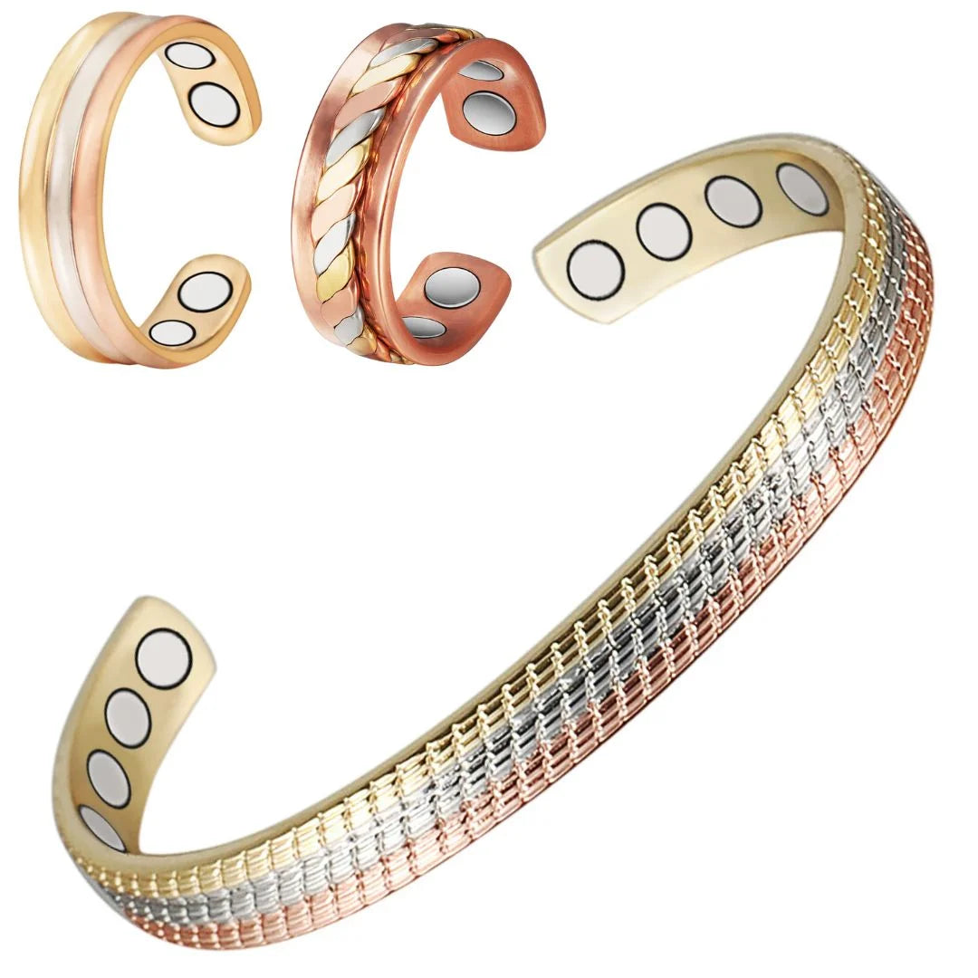 Wollet Magnetic Gold Copper Bracelets+2 Copper Rings for Women; Set of 3 ; Fashion Health Christmas Gift