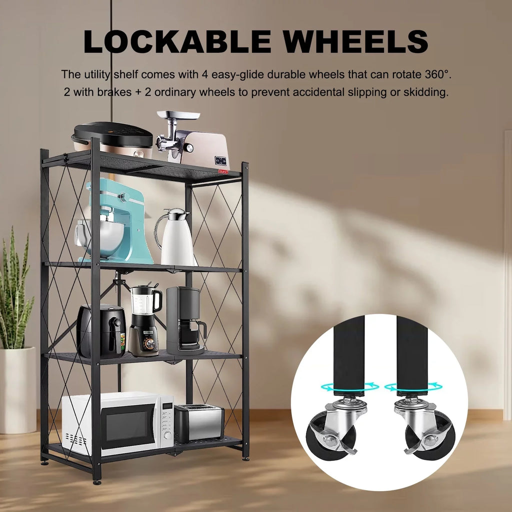 4-Tier Foldable Storage Shelf with Wheels - Metal Collapsible Shelving Unit Display; Rolling Cart for Books Kitchen Storage Shelves; Pantry & Closet Organizer; Office Room Decor - Black
