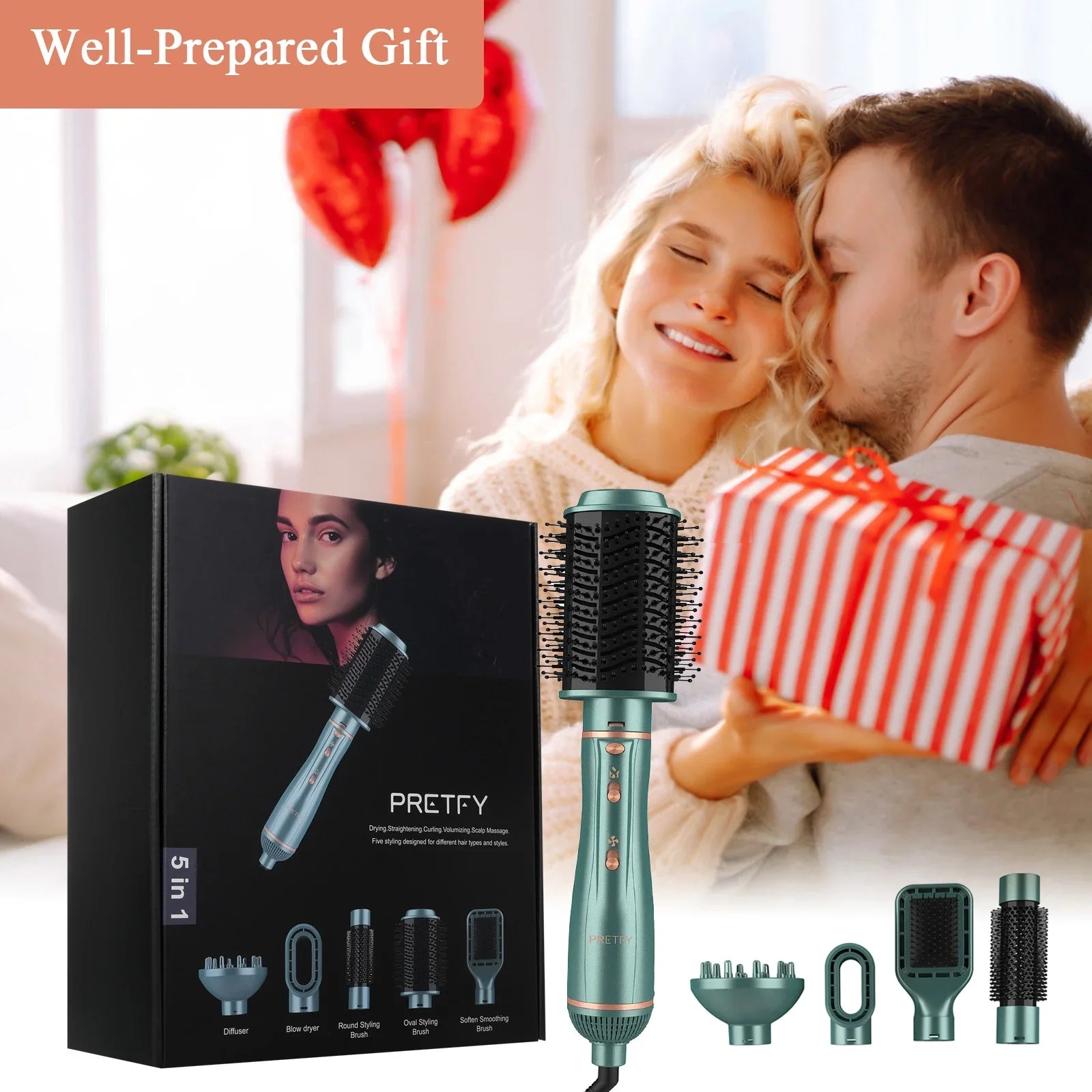 Pretfy Hair Dryer Brush; 5 in 1 Blow Dryer & Volumizer; Negative Ion Detachable Hot Air Brush Set Hair Styler for Straightening/ Drying/ Curling/ Styling