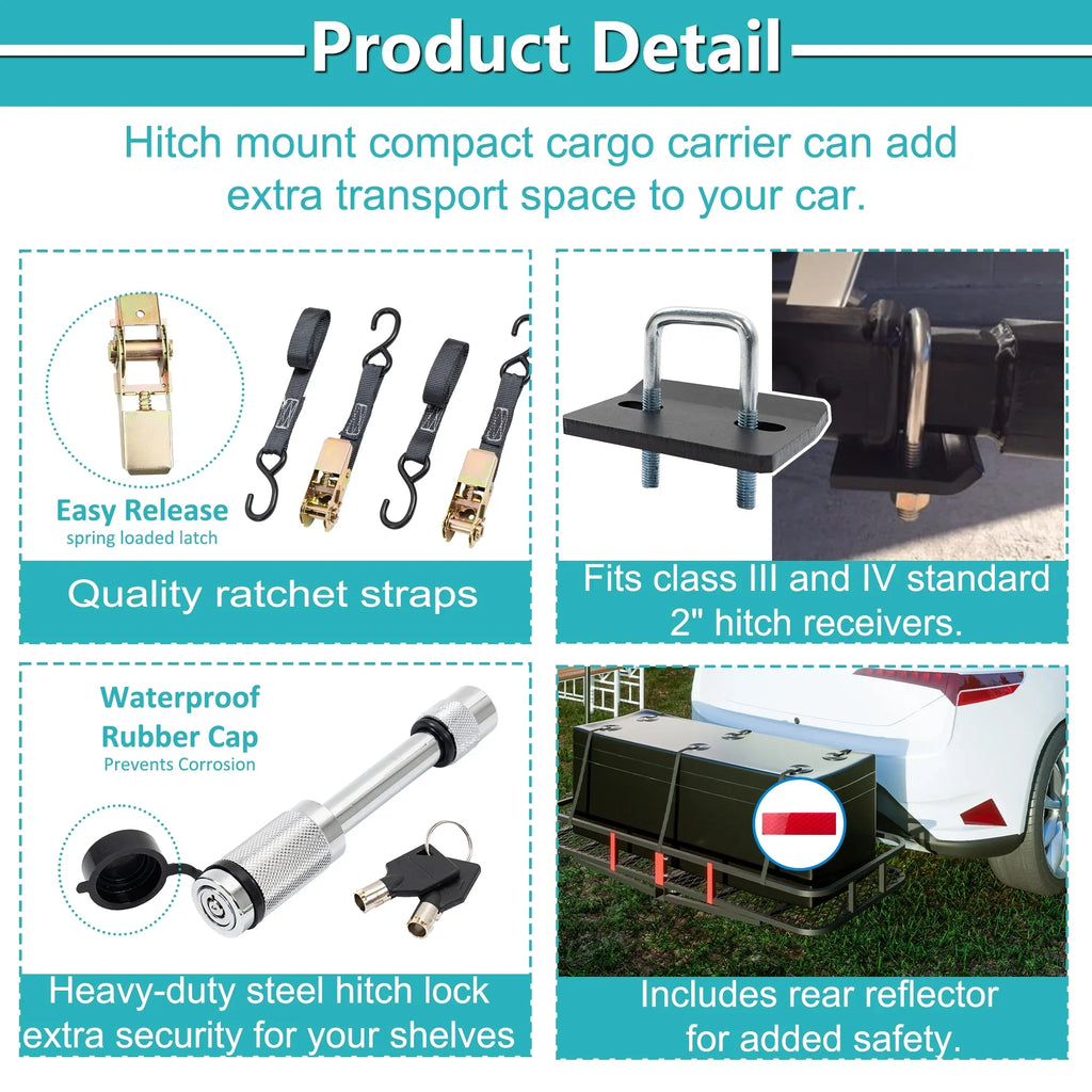 60" x 24" x 6" Hitched Mounted Folding Cargo Basket with a 500 lb Capacity for Car SUV Truck Trailer; Black