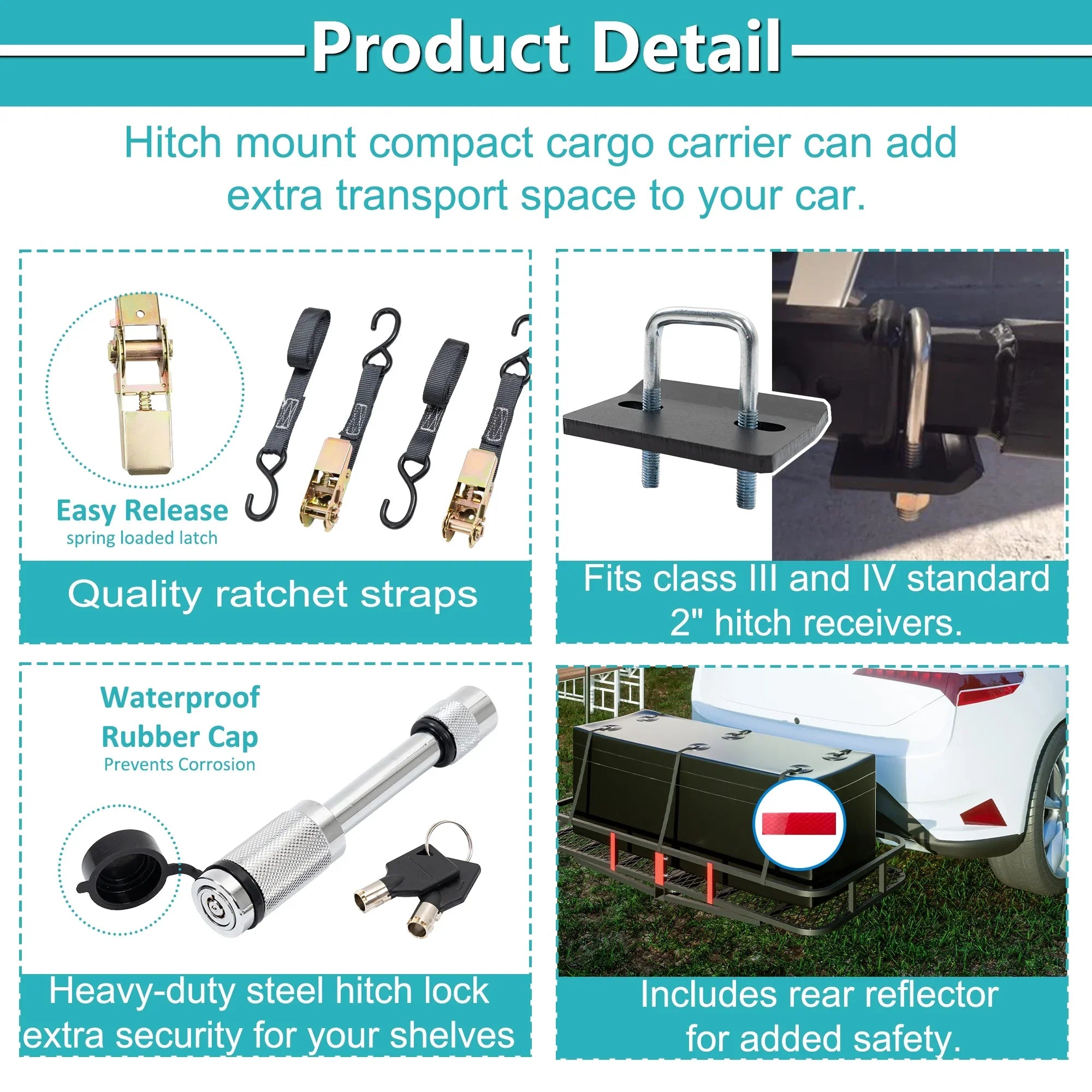 60" x 24" x 6" Hitched Mounted Folding Cargo Basket with a 500 lb Capacity for Car SUV Truck Trailer; Black