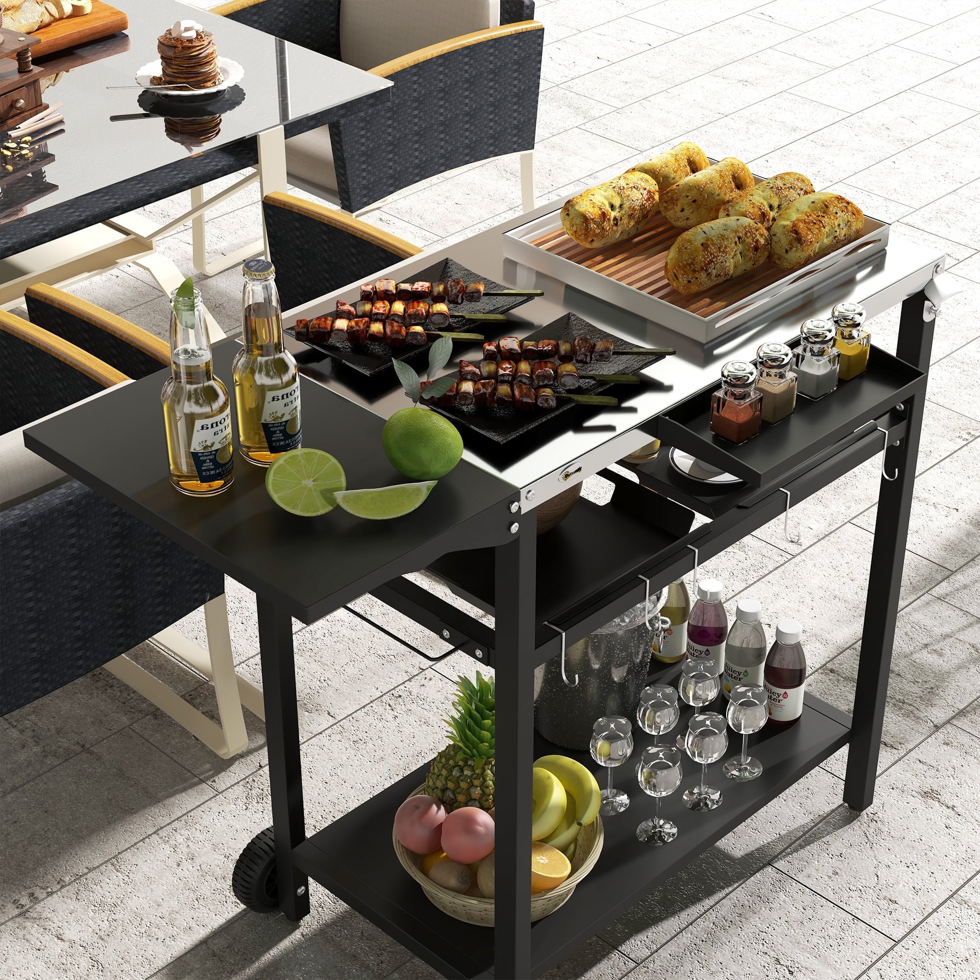 Outdoor Bar Cart with Stainless Steel Tabletop; Kitchen Island with Wheels; 2 Tiers & Seasoning Shelf; Patio Serving Cart with Hooks; Towel & Garbage Bag Holder; Plates & Spice Jars; Black