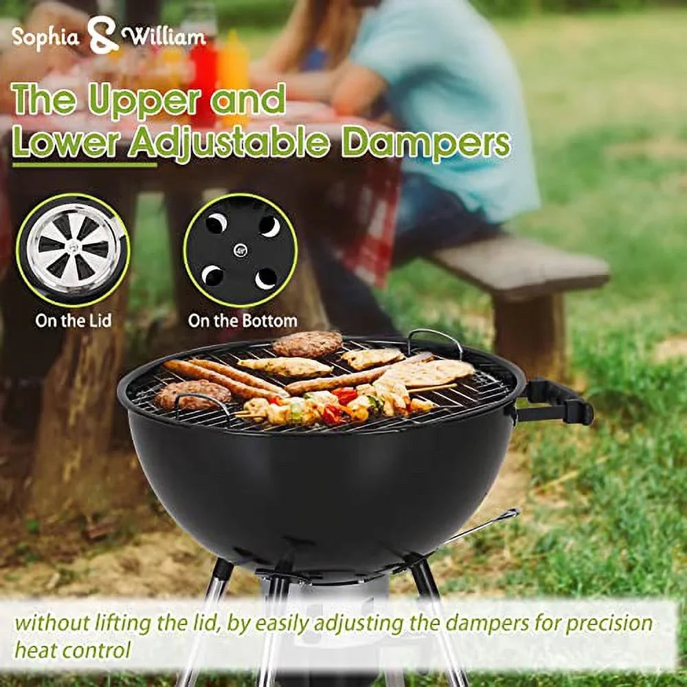 Sophia & William 18-inch Kettle Charcoal BBQ Grill with Porcelain-Enameled Lid and Bowl; Chromeplated Grate; Ash Catcher for Outdoor Picnic BBQ Patio Camping; Black