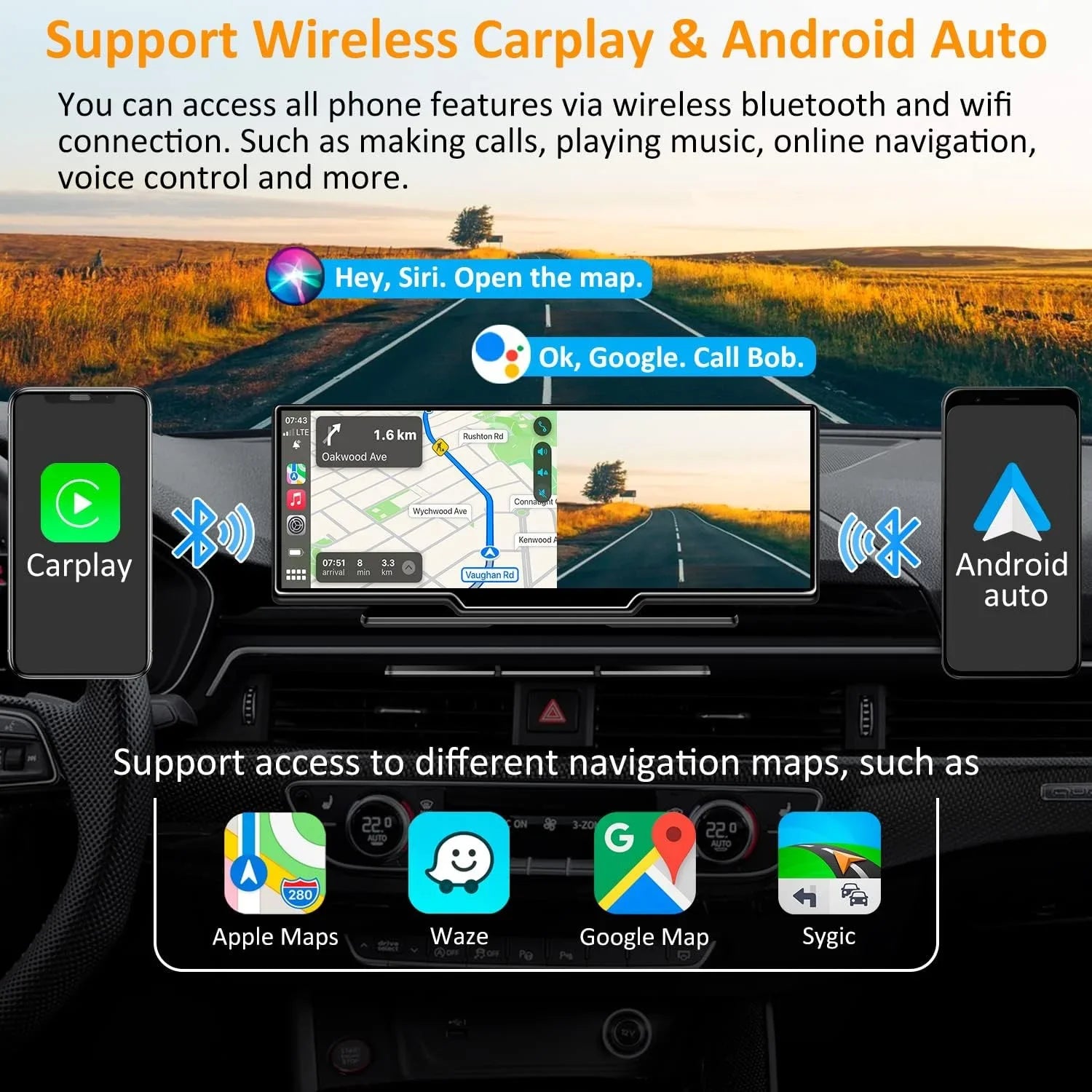 CAIHONG Portable Wireless Carplay Car Stereo with 2.5K Dash Cam - 9" HD IPS Screen; Android Auto; 1080p Backup Camera; Loop Recording; Bluetooth; GPS Navigation Head Unit; Car Radio Receiver