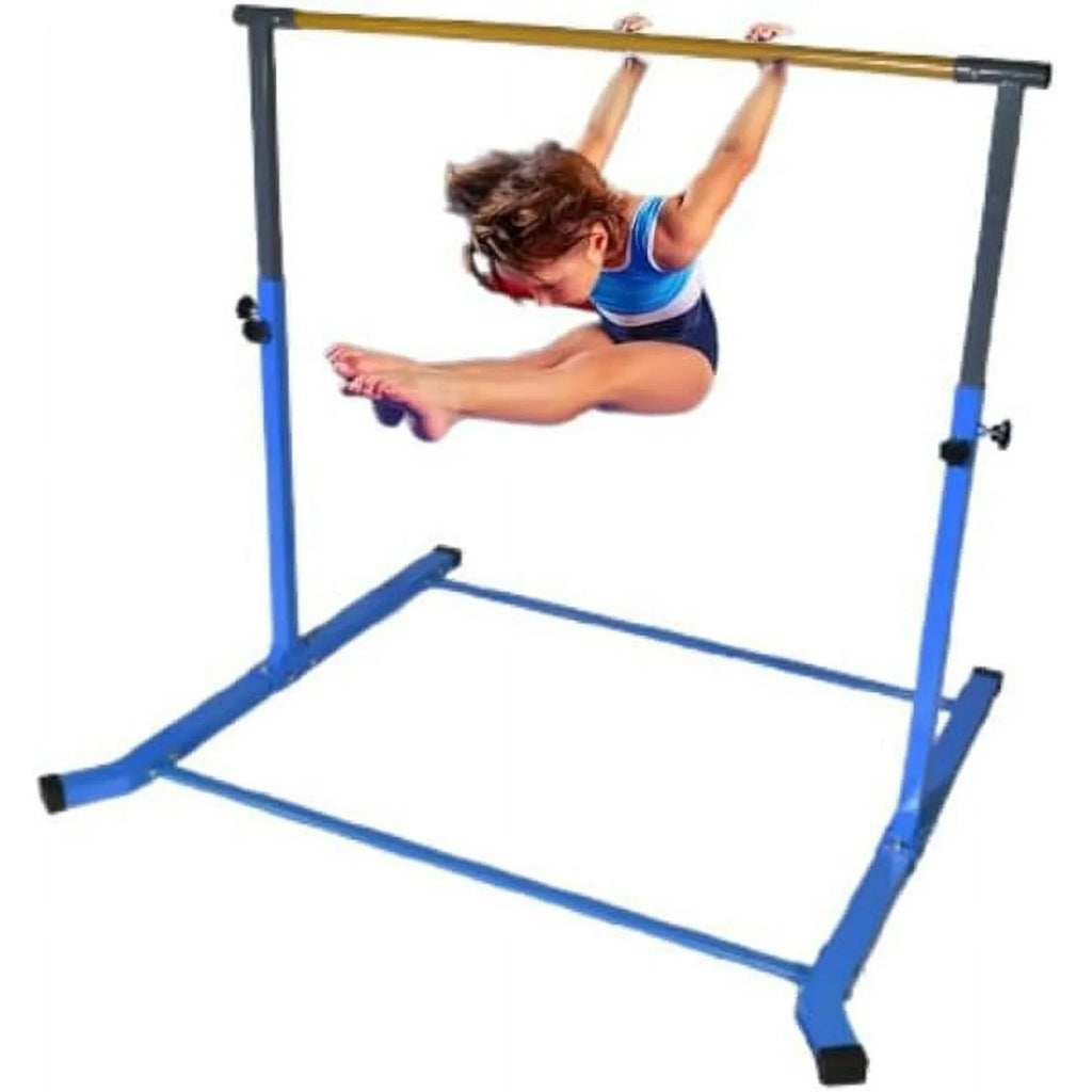 Adjustable Kids Gymnastics Kip Bar; 3-5 FT Height; Robust Legs; Blue - Junior Home Training Equipment
