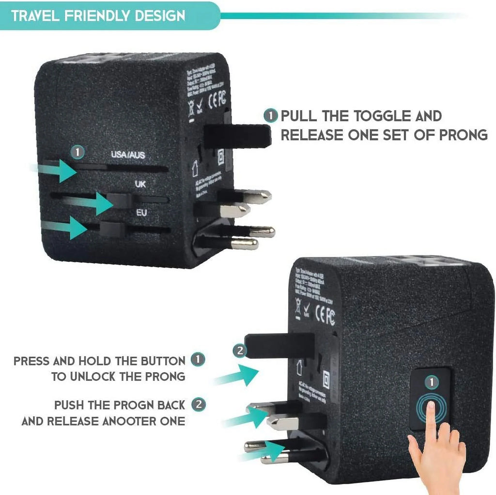 International Power Adapter for Travel (SandBlack) - 4 USB European Plug Adapter for 150+ Countries - for Europe UK America China Ireland Italy - Smart Charging 2.4A Travel Adapters by Sublimeware
