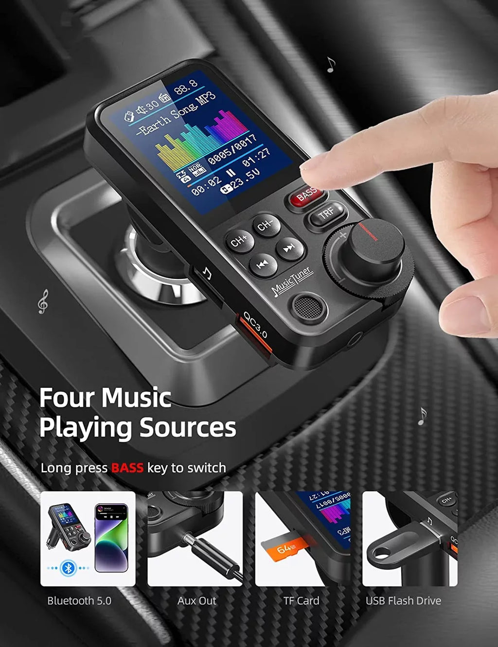 FM Bluetooth Transmitter for car; Strong Microphone Bluetooth Car Adapter with 1.8" Color Screen for Hands Free Calls; Supports QC3.0 Charging; Treble and Bass Sound Music Player- KM30