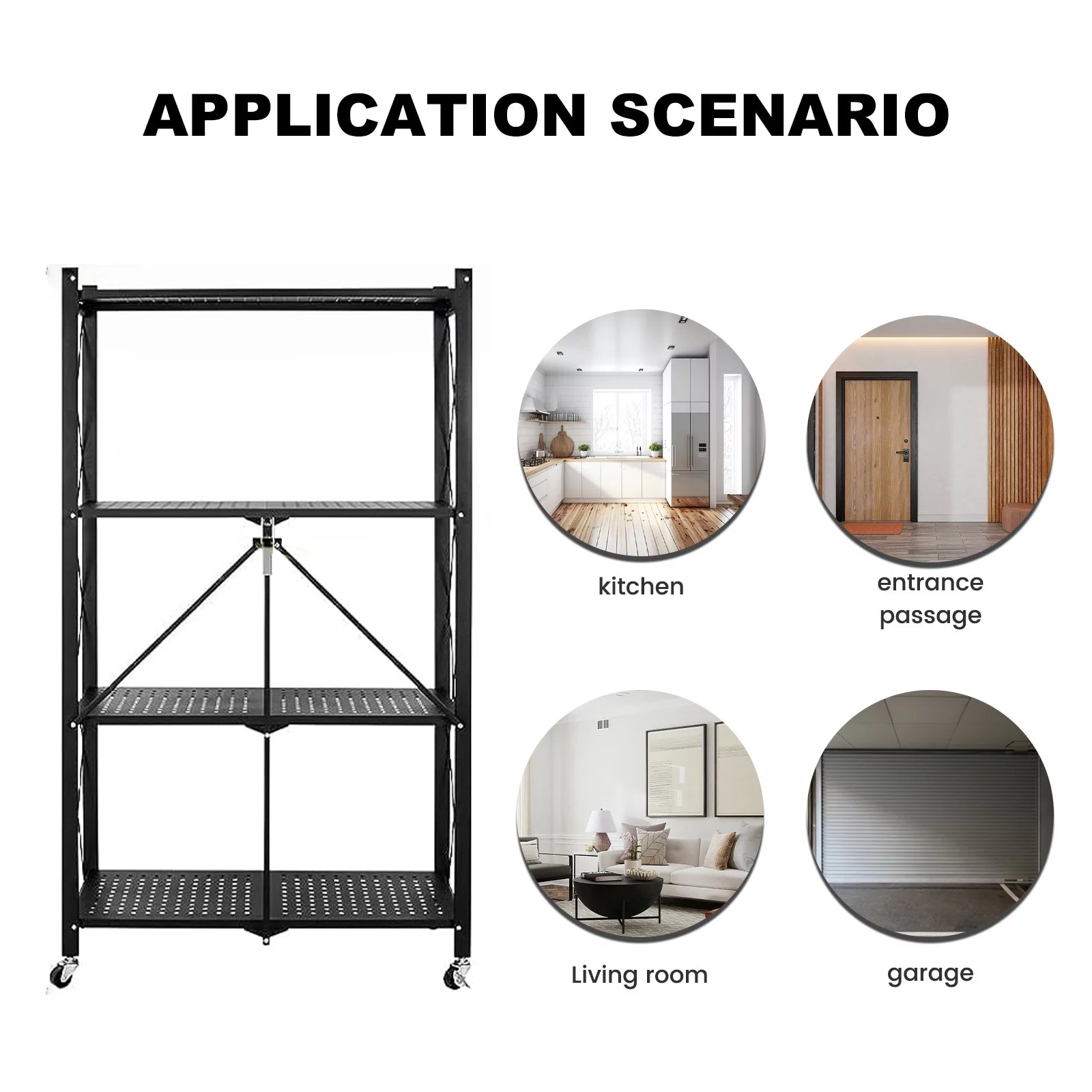 4-Tier Foldable Storage Shelf with Wheels - Metal Collapsible Shelving Unit Display; Rolling Cart for Books Kitchen Storage Shelves; Pantry & Closet Organizer; Office Room Decor - Black