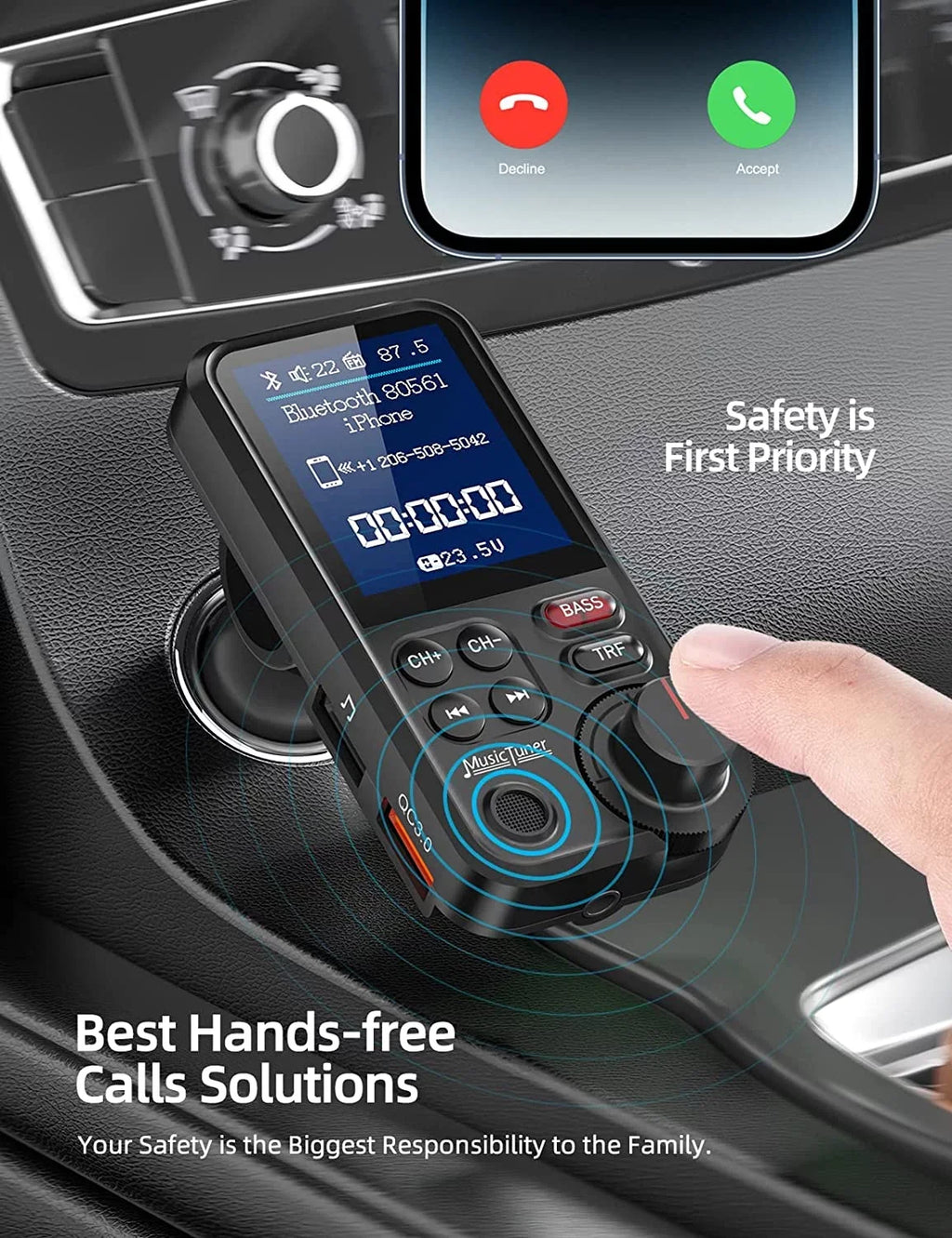 FM Bluetooth Transmitter for car; Strong Microphone Bluetooth Car Adapter with 1.8" Color Screen for Hands Free Calls; Supports QC3.0 Charging; Treble and Bass Sound Music Player- KM30