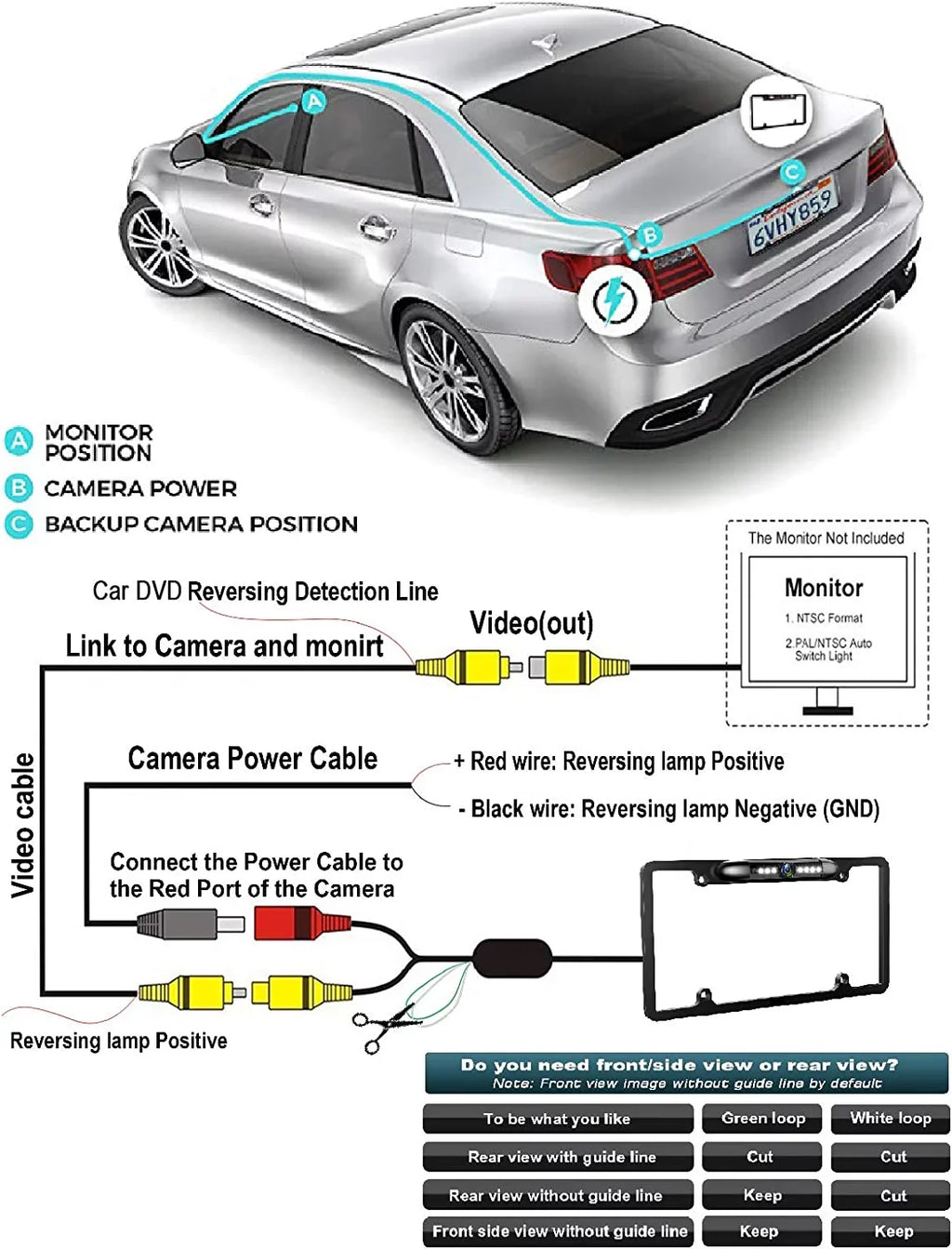 Absolute CAM2100S Chrome License Plate Frame Backup Camera Night Vision Car Rear View Camera with 8 Bright LEDs 170° Viewing Angle Fluidproof Backup Camera Vehicle Universal Reversing Assist Security