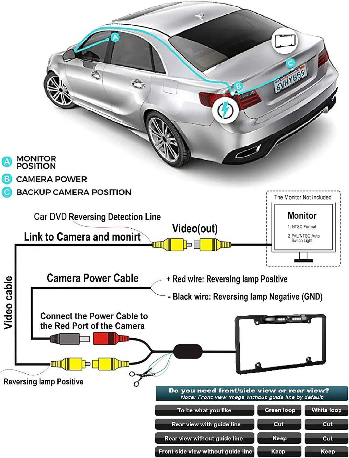 Absolute CAM2100S Chrome License Plate Frame Backup Camera Night Vision Car Rear View Camera with 8 Bright LEDs 170° Viewing Angle Fluidproof Backup Camera Vehicle Universal Reversing Assist Security