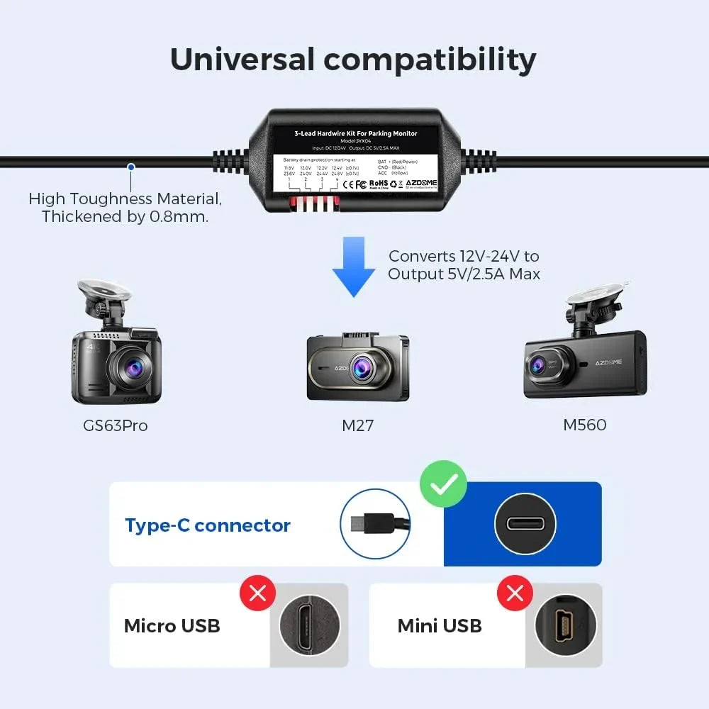 AZDOME JYX05 Dash Cam Hardwire Kit; USB Type C Hard Wire Kit for M27 M330 PG16S-3CH M580 M560-3CH PG19X Dashcam;