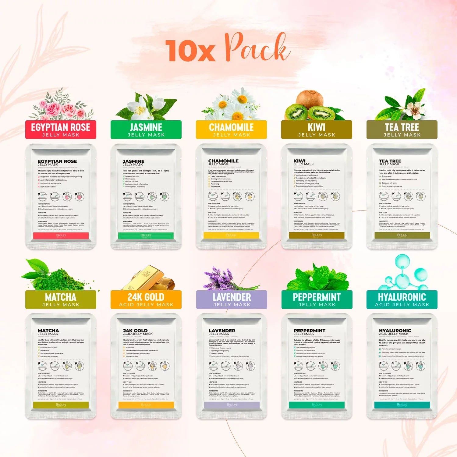 BRÜUN Peel-Off Jelly Mask Premium Modeling "Rubber Mask" Spa Set - 10 Treatments (24k Gold; Lavender; Kiwi; Peppermint; Egyptian Rose; Matcha; Chamomile; Tea tree; Jazmine)