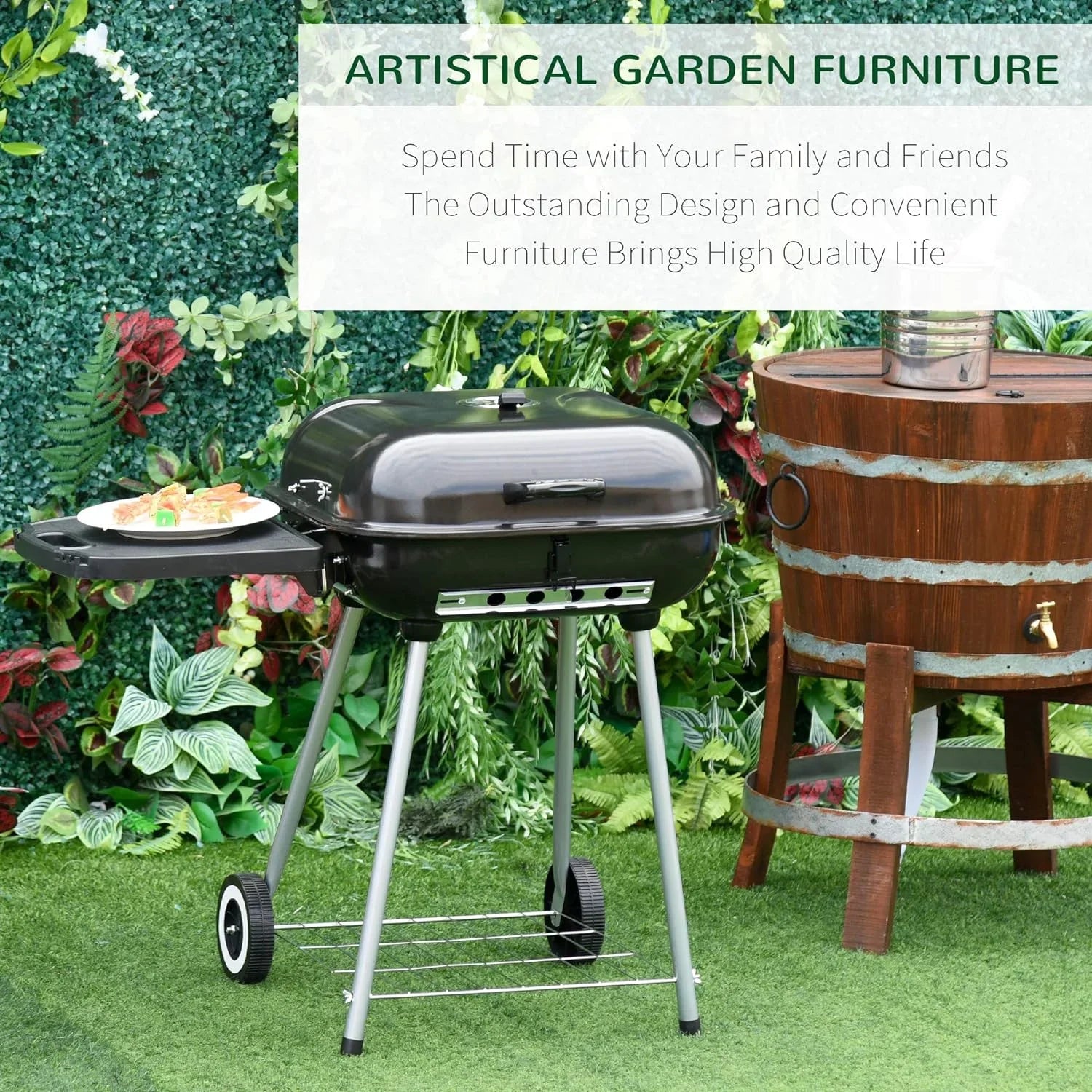 Portable Charcoal Grill with Foldable Side Shelf and Bottom Shelf; BBQ Smoker with Wheels and Adjustable Vents on Lid for Picnic Camping Backyard Cooking; Black