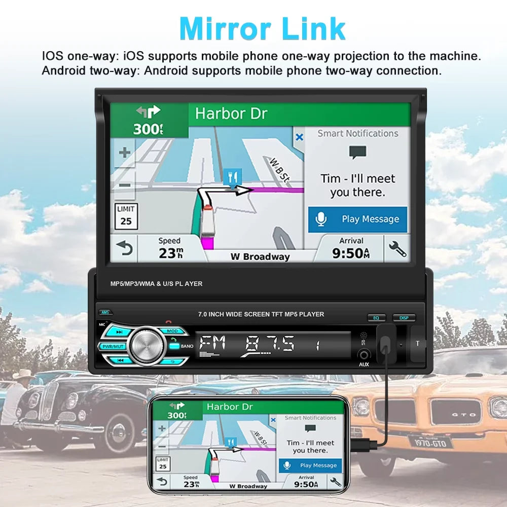Podofo Universal Single 1 DIN 7" HD Touchscreen Retractable Car Stereo Radio Bluetooth Auto Apple Carplay Android Auto FM Video Player Mirror Link Function; with 12 LED Backup Camera