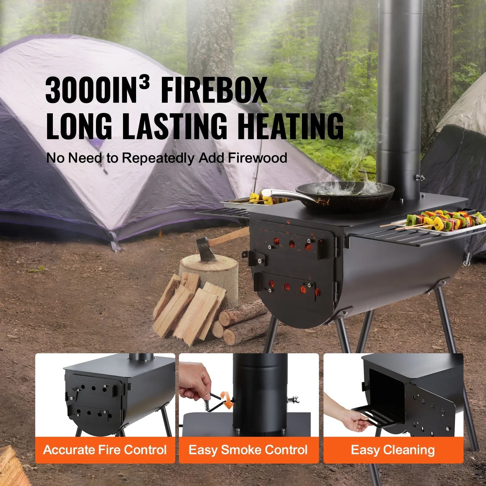 Portable Wood Stove Camping Hot Tent BBQ Stove 118 in for Outdoor w/ Hoses