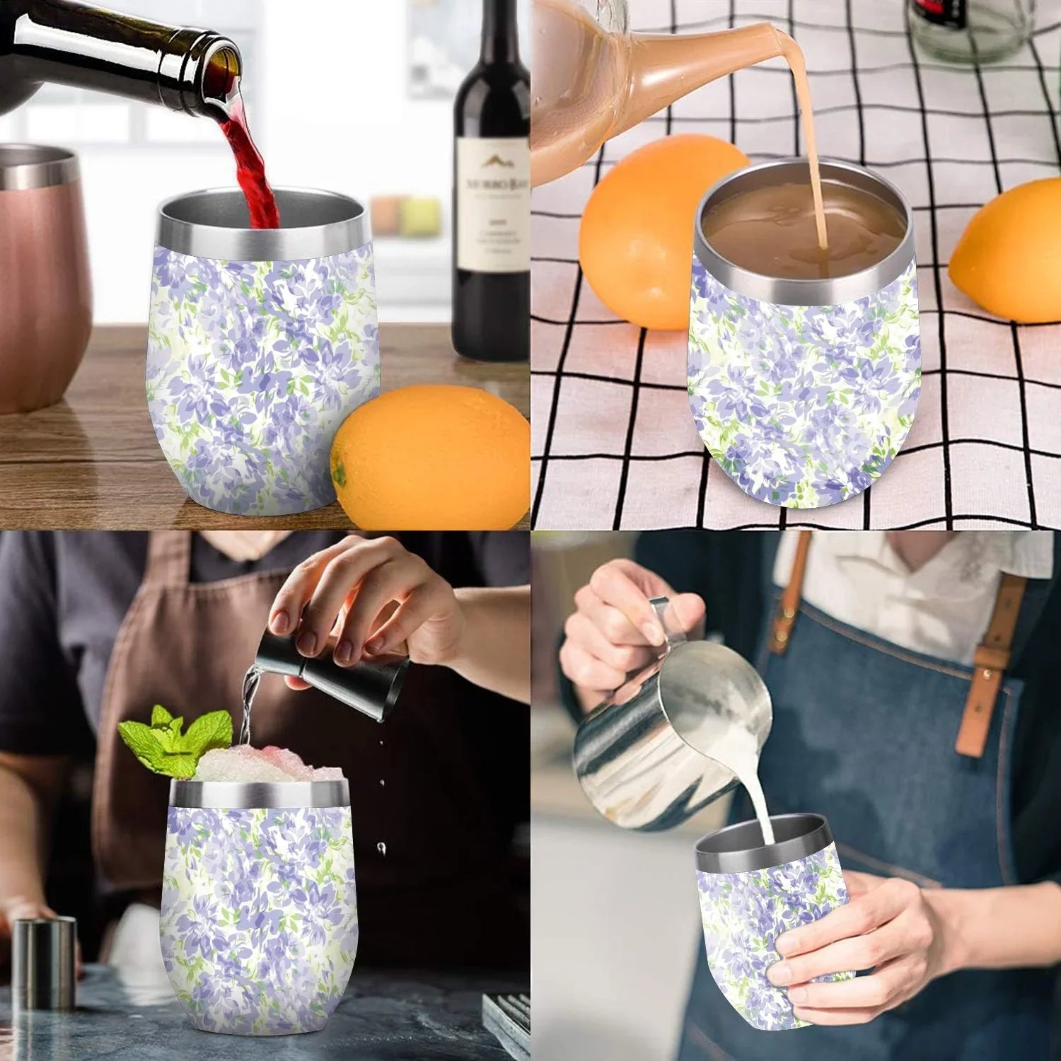 Hidove 12oz 304 Stainless Steel Vacuum Insulated Cups; Blue with Green Floral Pattern Eggshell Cup U Shape Tumbler Cups with Lid; Double Layer Insulation Wine Cup Big Belly Cup