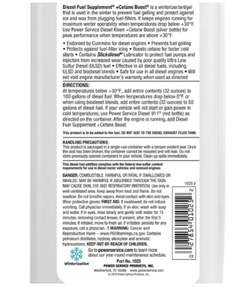 POWER SERVICE PRODUCTS 1025 Diesel Fuel Supplement;Amber;32 oz. G5573246