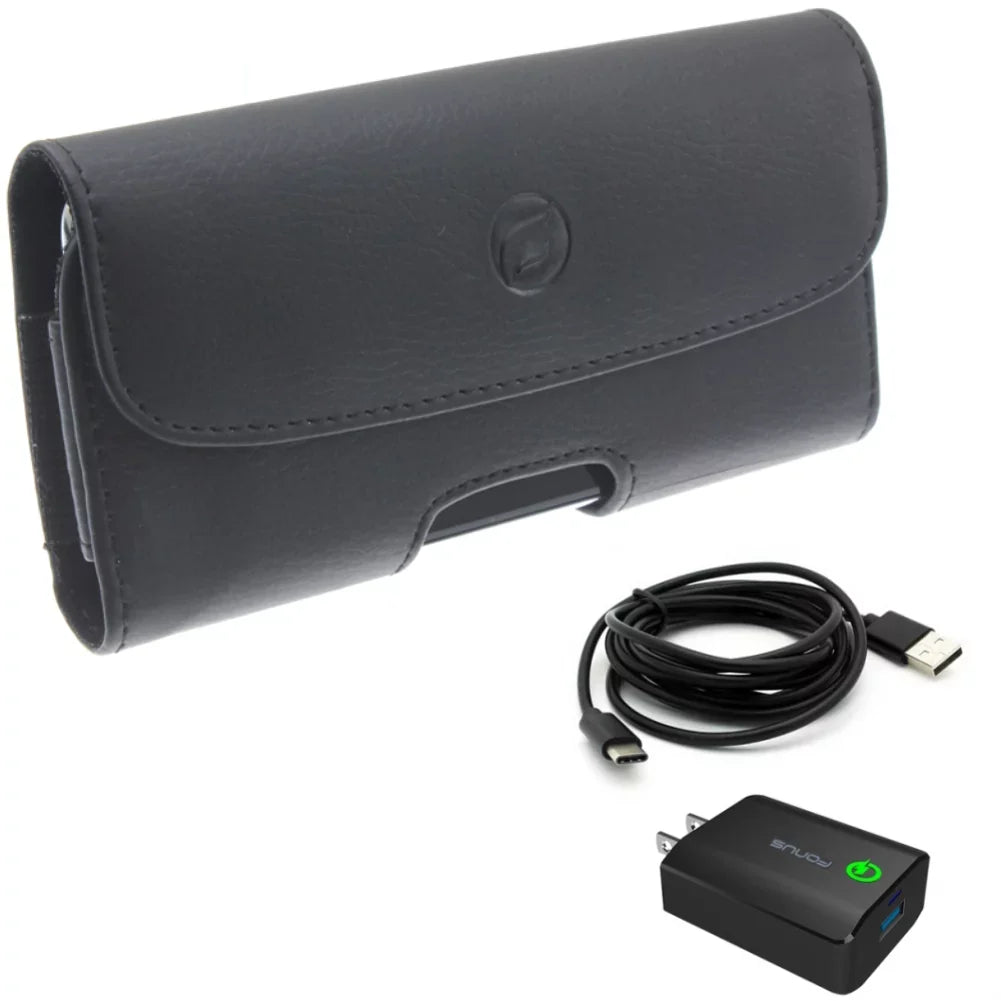 6ft USB Cable 18W Fast Home Charger w Holster Leather Case Belt Clip for OnePlus 6; 8 5G UW - Razer Phone 2 - Samsung Galaxy S9 Plus S8 Plus S22 Plus S10 Plus XCover FieldPro S20 Exhaust Edition