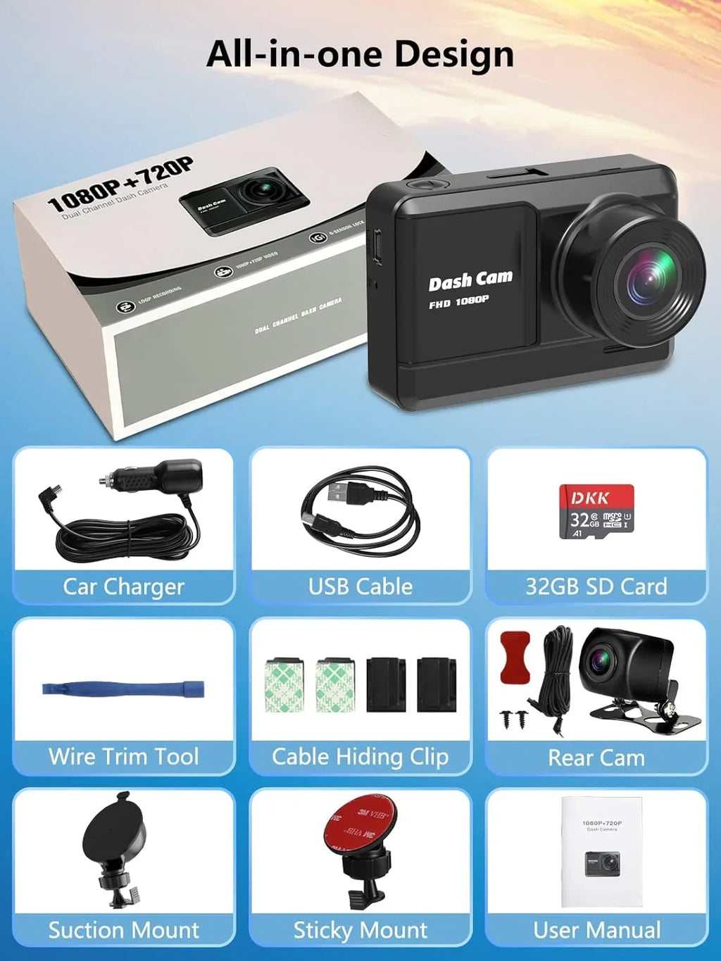 Dash Cam Front and Rear; Mini Dash Cam 1080P Full HD with 32GB SD Card; 2.45 inch IPS Screen; 2 Mounting Ways; Night Vision; WDR; Accident Lock; Loop Recording; Parking Monitor Car;Motorcyle;Balls