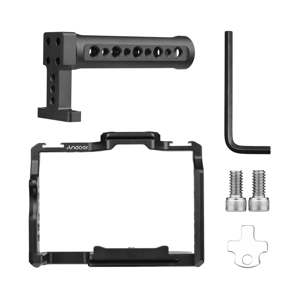 Andoer Camera Video Cage + Handle Kit Aluminum Alloy with Dual Cold Shoe Mounts Numerous 1/4 foot Threads Replacement for Sony A7IV/ A7III/ A7II/ A7R III/ A7R II/ A7S II