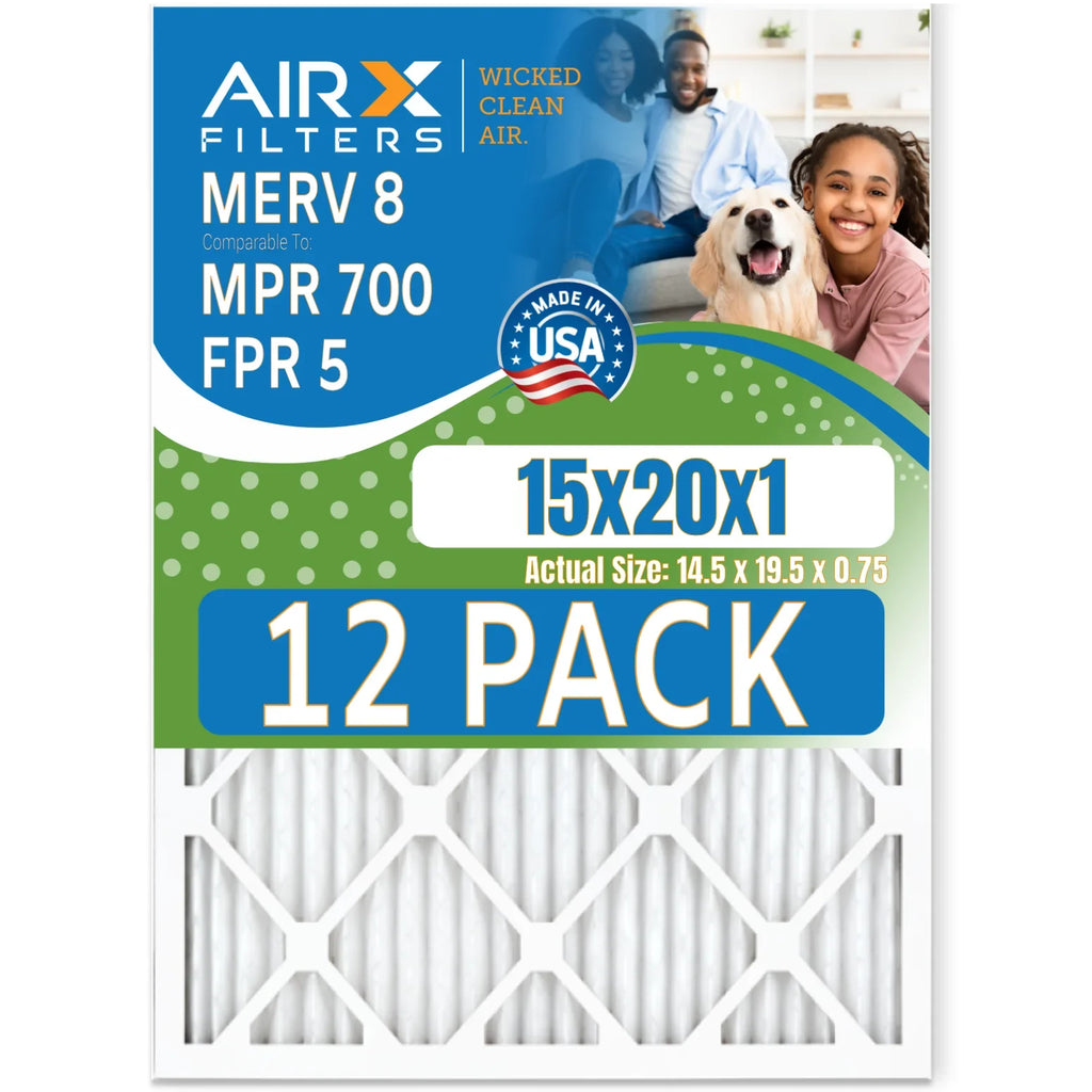 15x20x1 Air Filter MERV 8 Rating; 12 Pack of Furnace Filters Comparable to MPR 700 & FPR 5 - Made in USA by AIRX FILTERS WICKED CLEAN AIR.