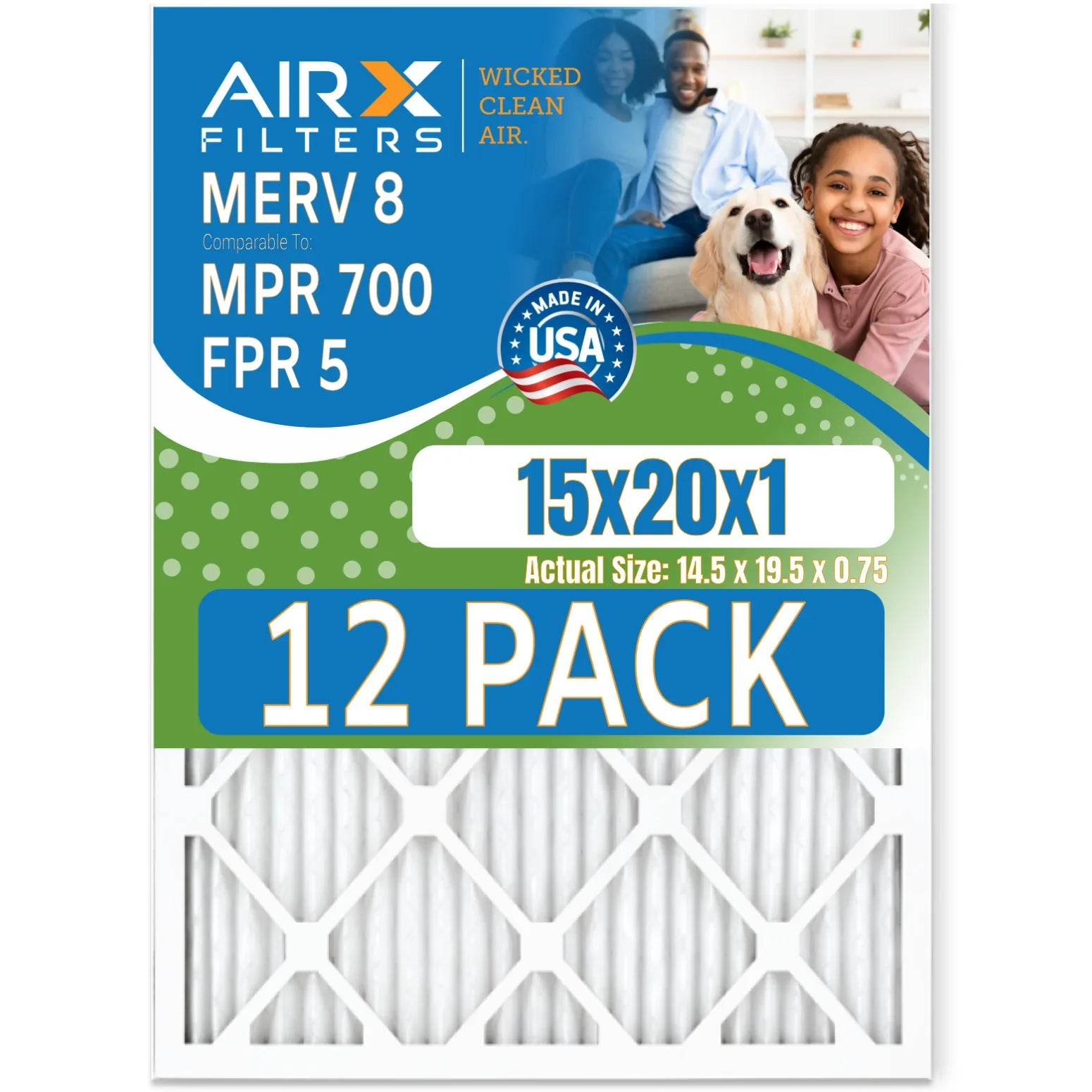 15x20x1 Air Filter MERV 8 Rating; 12 Pack of Furnace Filters Comparable to MPR 700 & FPR 5 - Made in USA by AIRX FILTERS WICKED CLEAN AIR.