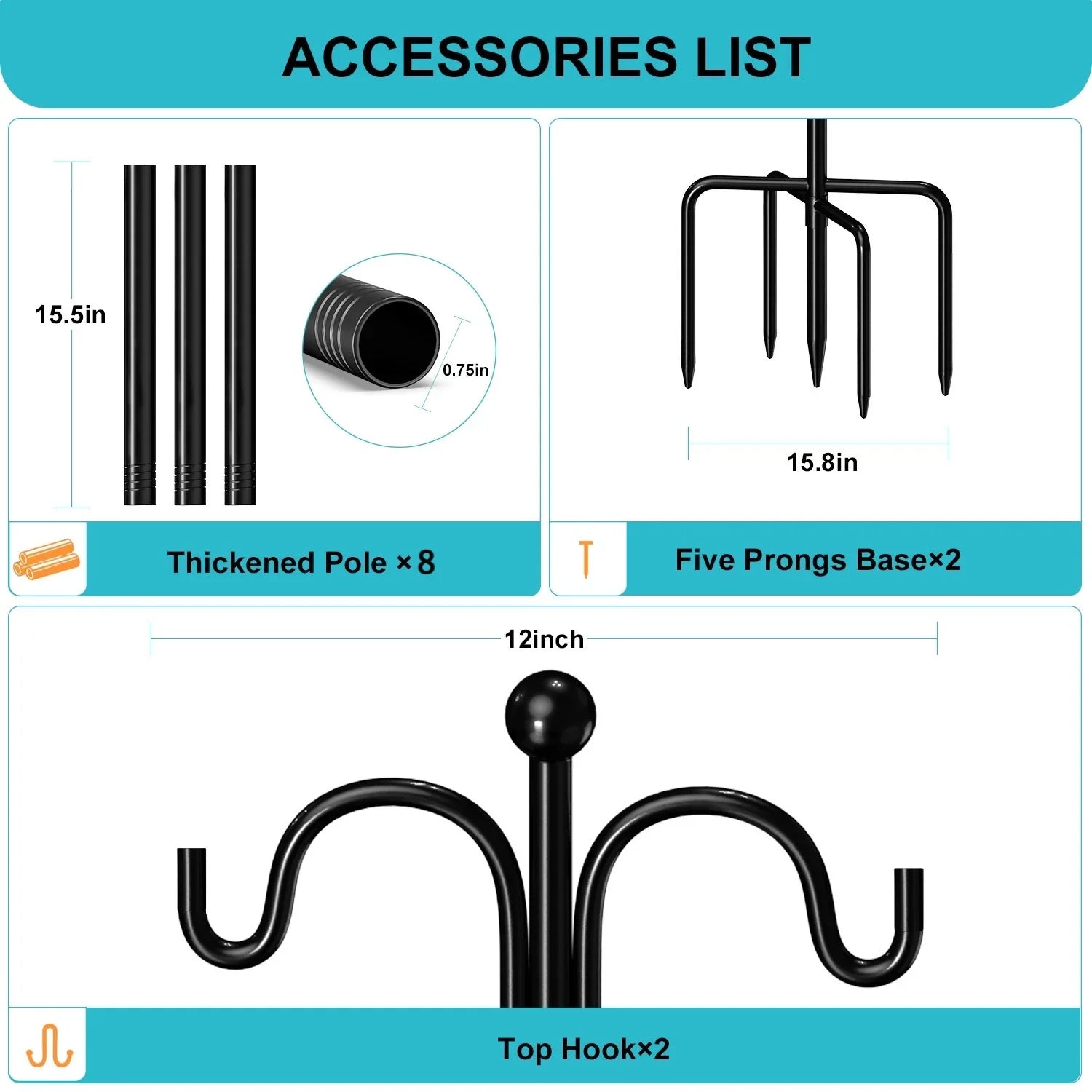 Shepherds Hooks for Outdoor; 76" Double Bird Feeder Poles with 5 Prongs; Upgraded Outdoor Plant Hanger Hooks for Bird Feeder; Plant Baskets(2 Pack)