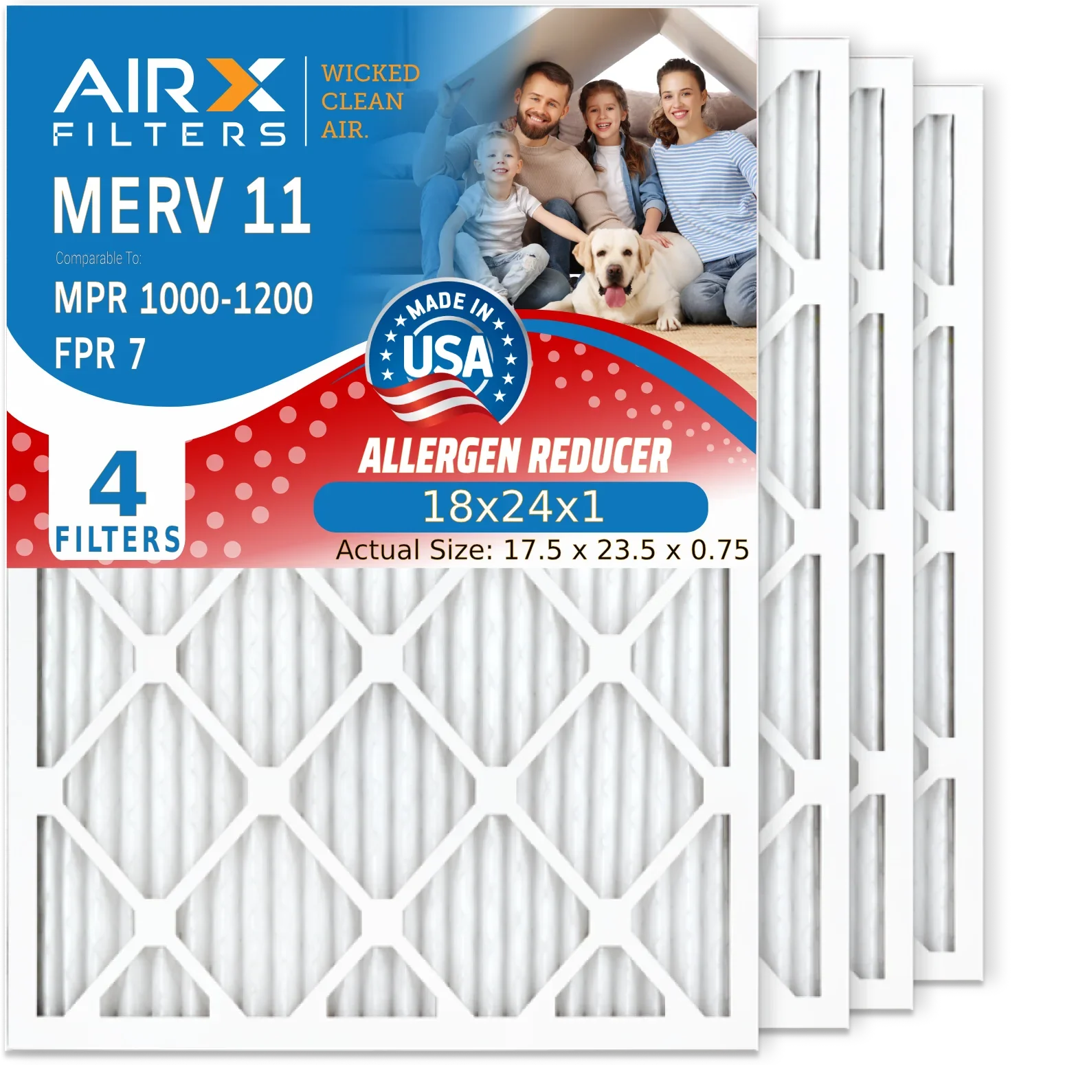 18x24x1 Air Filter MERV 11 Comparable to MPR 1000; MPR 1200 & FPR 7 Electrostatic Pleated Air Conditioner Filter 4 Pack HVAC Premium USA Made 18x24x1 Furnace Filters by AIRX FILTERS WICKED CLEAN AIR.