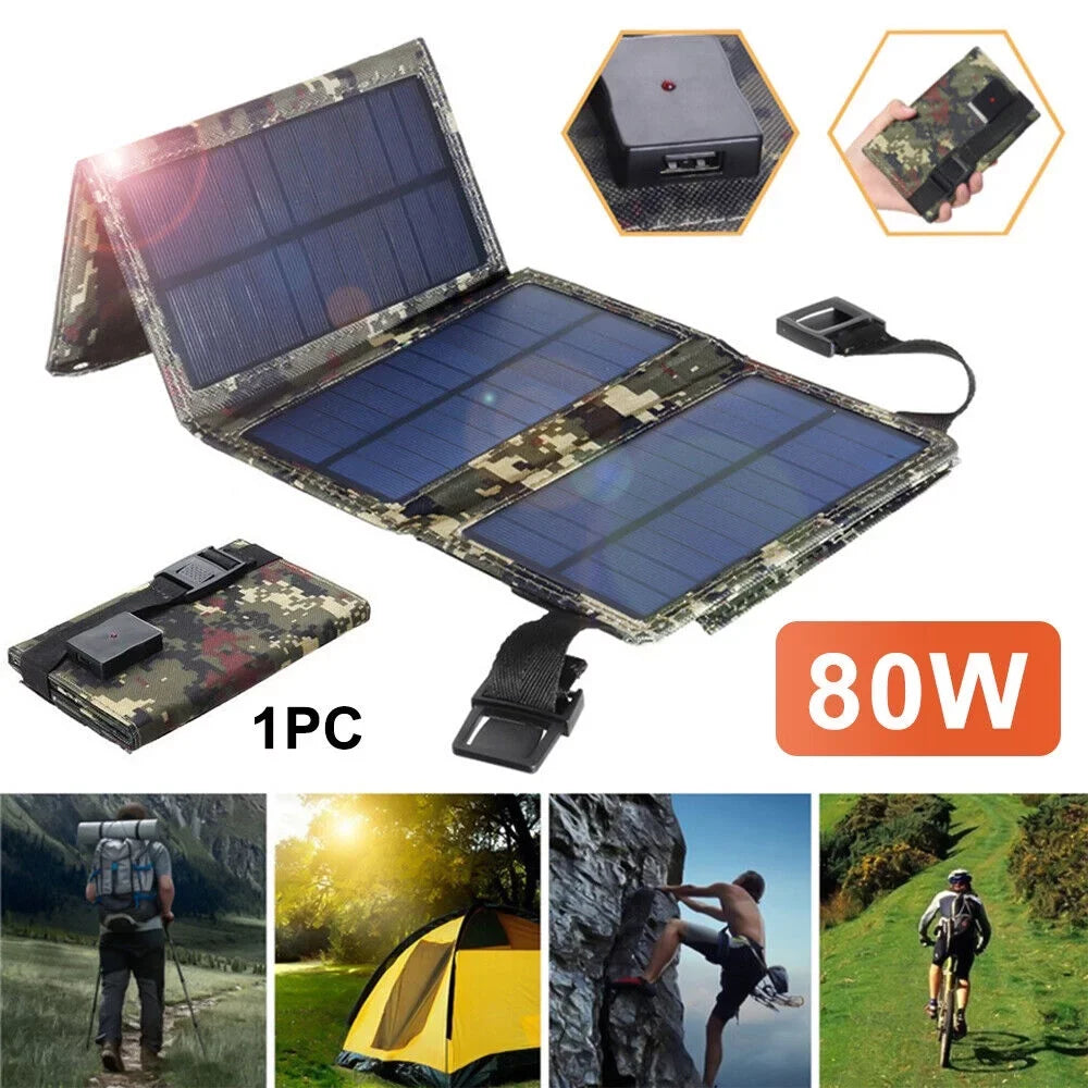 Paddsun 80W USB Solar Panel Folding Power Bank Outdoor Camping Hiking Phone Charger