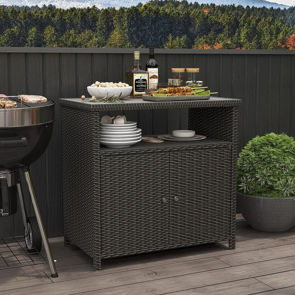 Indoor Outdoor 2-Door Wicker Storage Cabinet with Shelf; Powder Coated Steel; All Weather Resin Wicker; Dark Brown