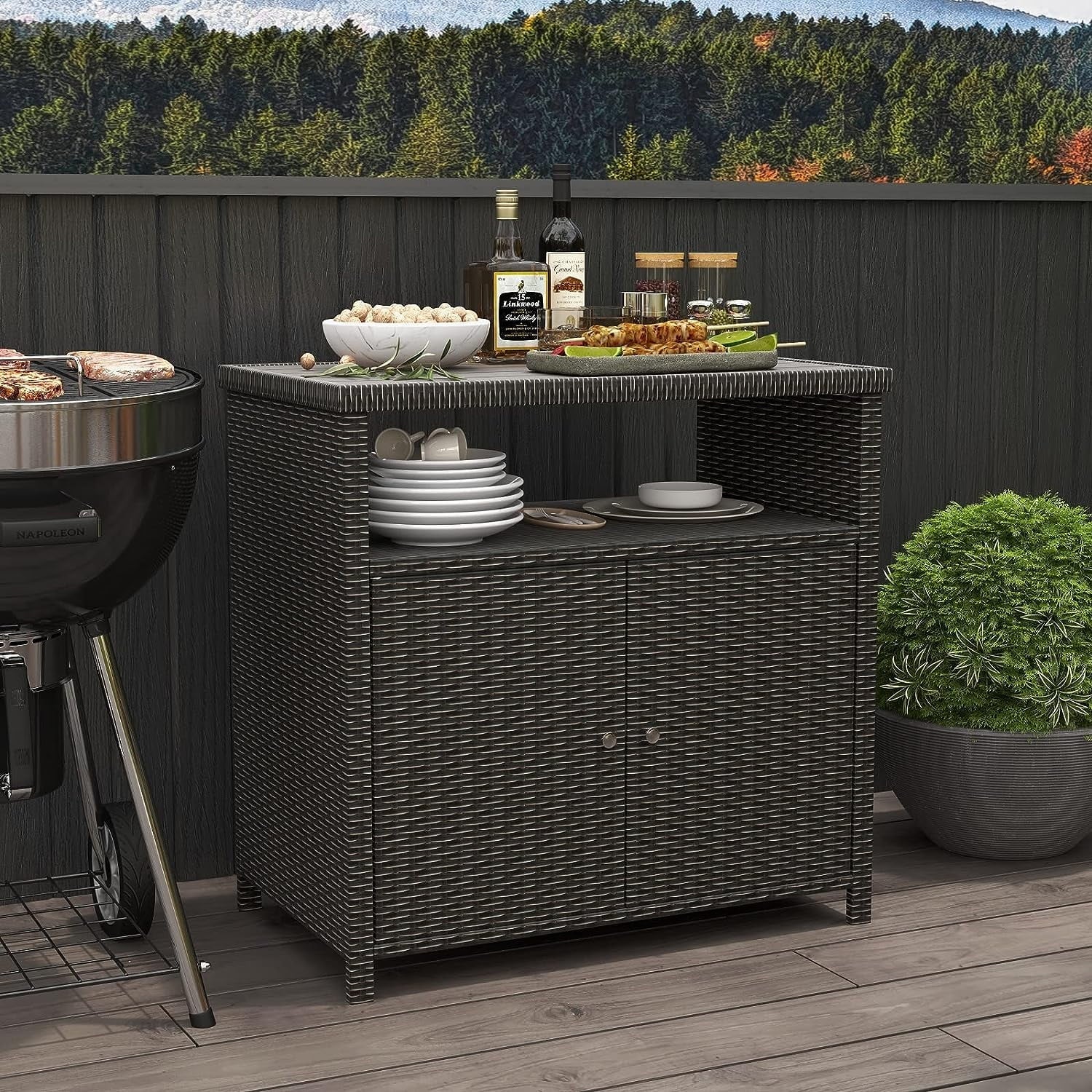 Indoor Outdoor 2-Door Wicker Storage Cabinet with Shelf; Powder Coated Steel; All Weather Resin Wicker; Dark Brown
