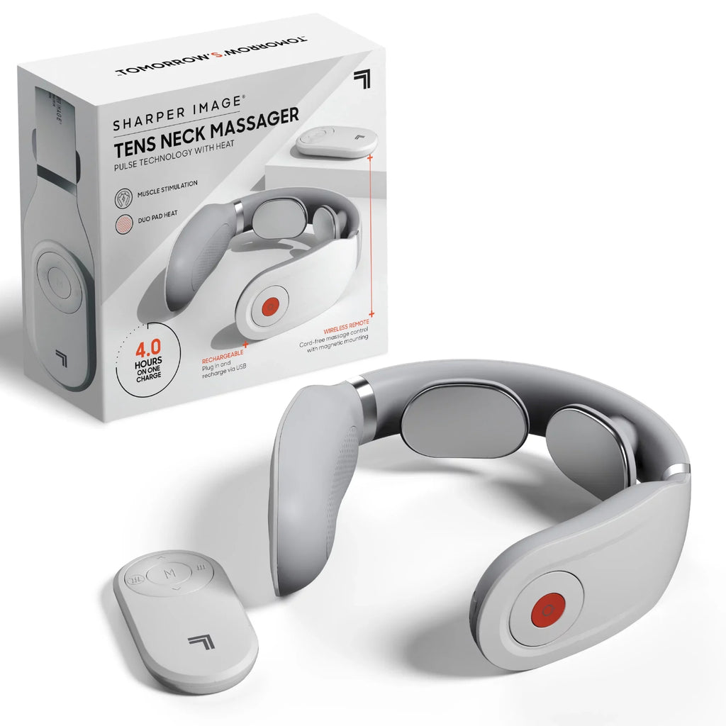 Sharper Image® Neck Tens Muscle Stimulator with Soothing Heat & Wireless Remote; Pain Relief Therapy With 3 Massage Modes & 15 Intensity Levels; USB Rechargeable; 4 Hour Battery Life