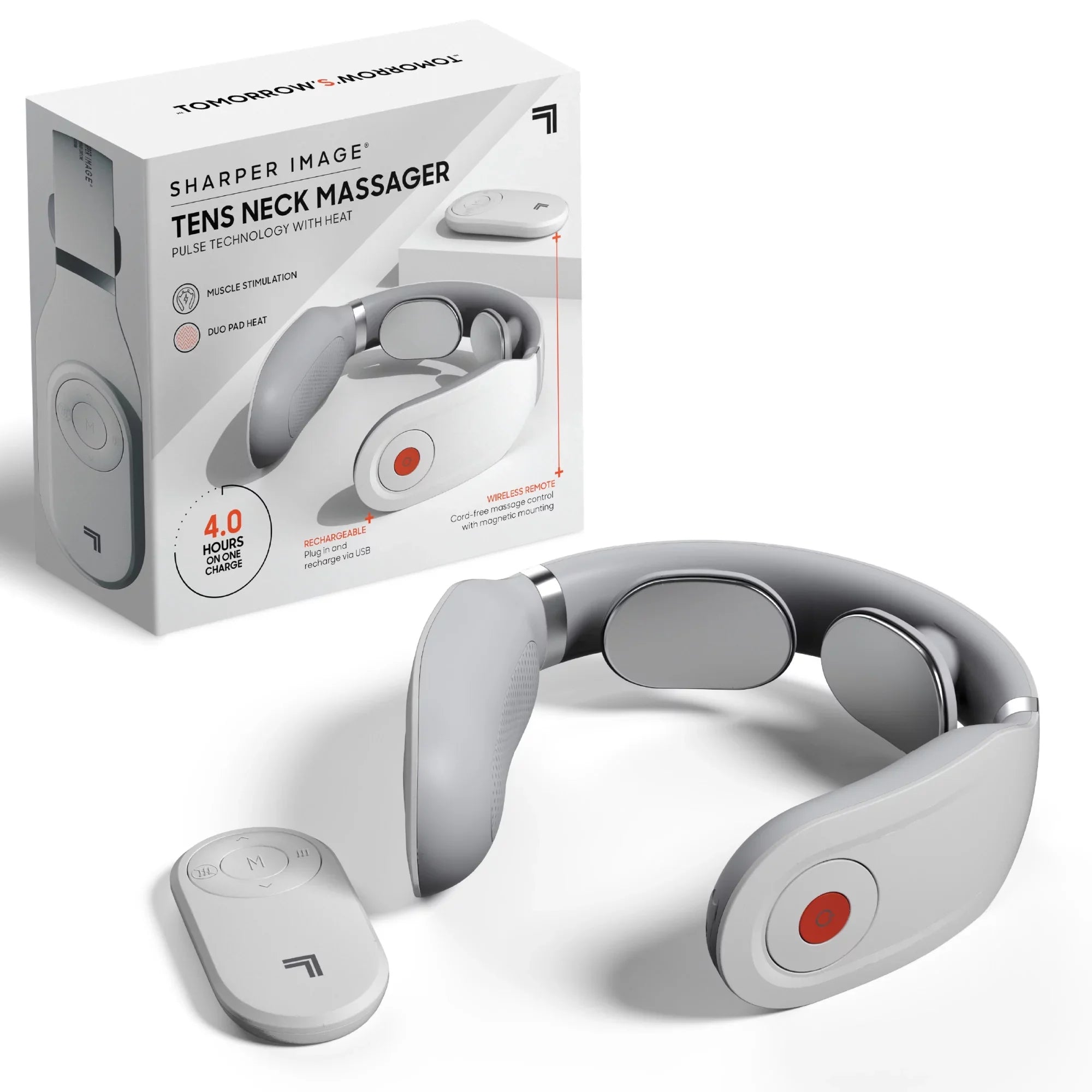 Sharper Image® Neck Tens Muscle Stimulator with Soothing Heat & Wireless Remote; Pain Relief Therapy With 3 Massage Modes & 15 Intensity Levels; USB Rechargeable; 4 Hour Battery Life