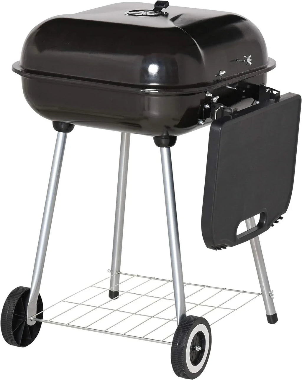 Portable Charcoal Grill with Foldable Side Shelf and Bottom Shelf; BBQ Smoker with Wheels and Adjustable Vents on Lid for Picnic Camping Backyard Cooking; Black