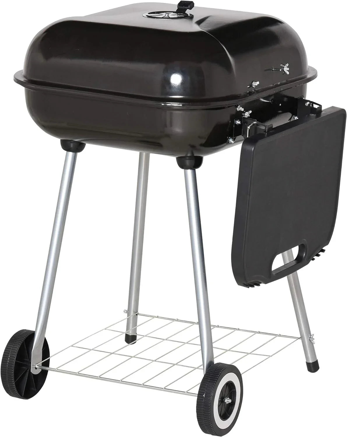 Portable Charcoal Grill with Foldable Side Shelf and Bottom Shelf; BBQ Smoker with Wheels and Adjustable Vents on Lid for Picnic Camping Backyard Cooking; Black
