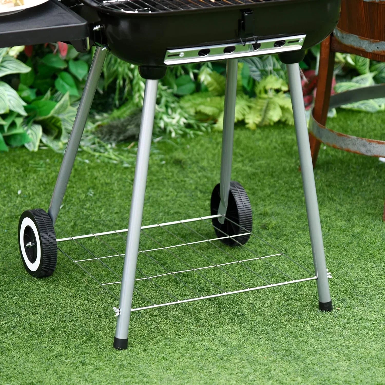 Portable Charcoal Grill with Foldable Side Shelf and Bottom Shelf; BBQ Smoker with Wheels and Adjustable Vents on Lid for Picnic Camping Backyard Cooking; Black