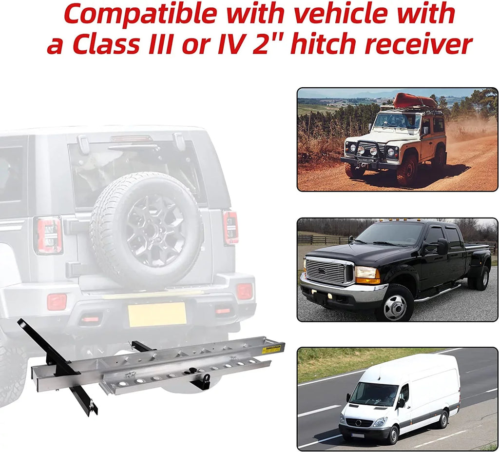 Aluminum Motorcycle Carrier with Loading Ramp; 2" receiver Hitch-Mounted Motorcycle Dirt Bike Scooter Carrier Hitch Rack Hauler Trailer