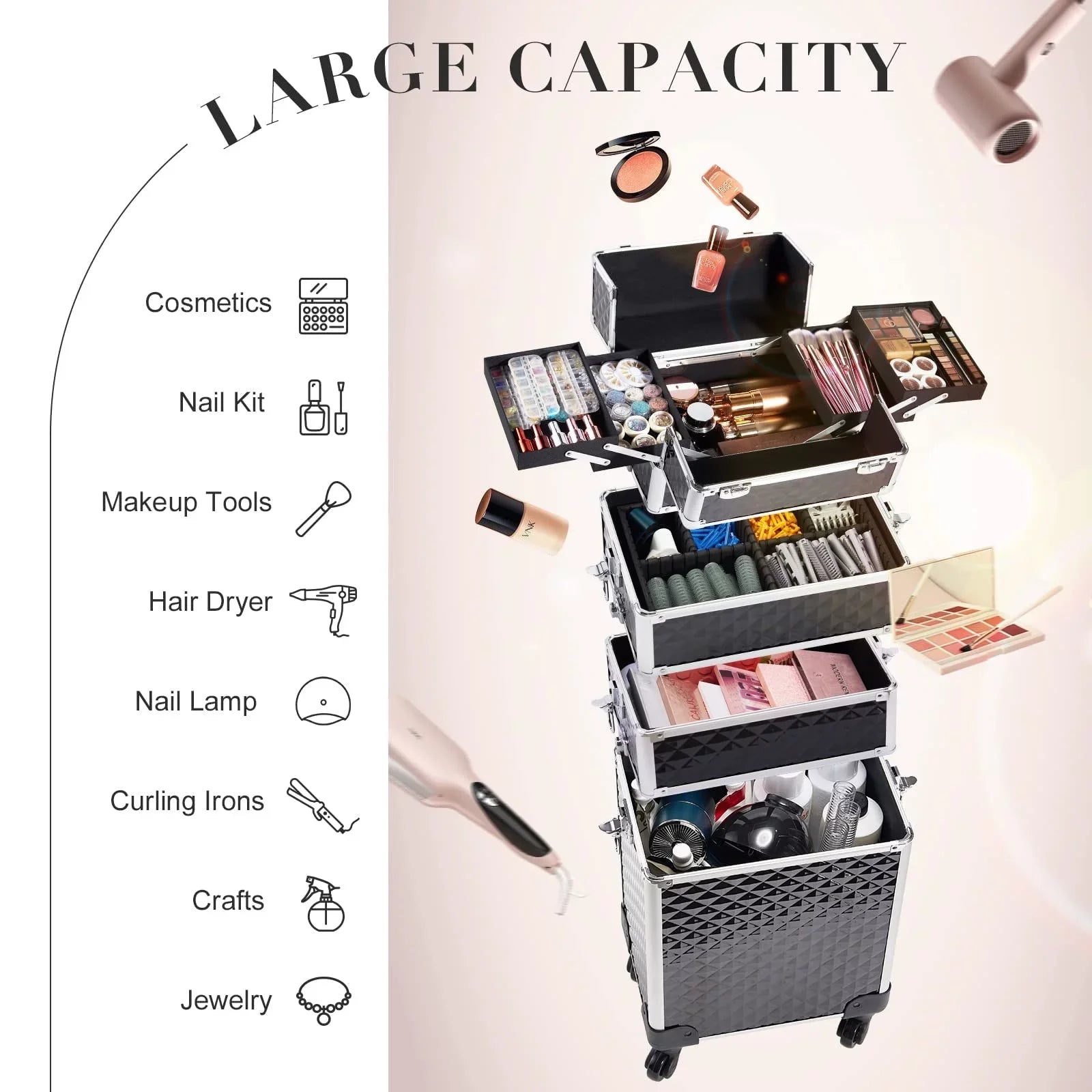 Joligrace 4 in 1 Aluminum Rolling Makeup Case with Wheels Cosmetic Train Case Trolley Box Salon Barber Case