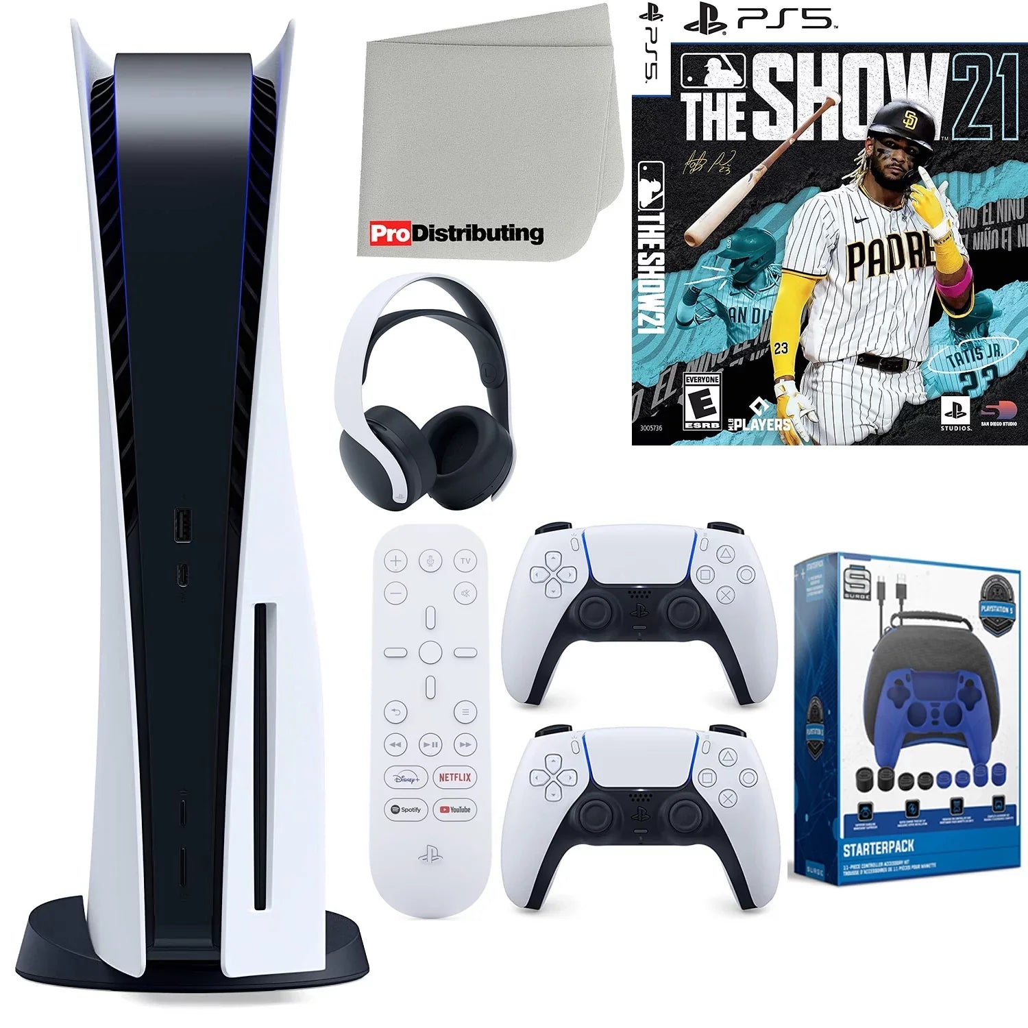 Sony Playstation 5 Disc Version (Sony PS5 Disc) with White Extra Controller; Headset; Media Remote; MLB The Show 21; Accessory Starter Kit and Microfiber Cleaning Cloth Bundle