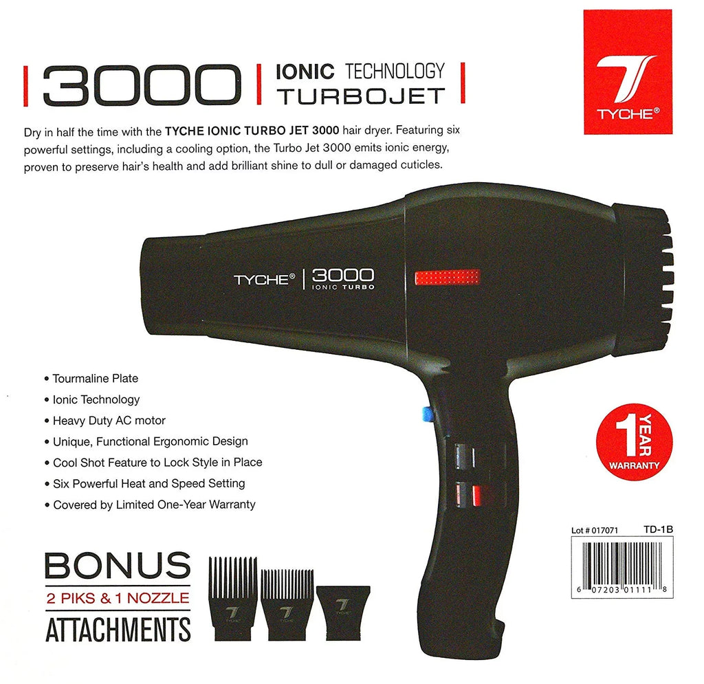 Tyche Turbo 3000 Black Professional Ionic Ceramic Tech Hair Dryer (1 Year Warranty) Dries Hair Fast Negative Ions; Infrared Hair Shine Electromagnetic Radiation Heat & Air Distribution Power